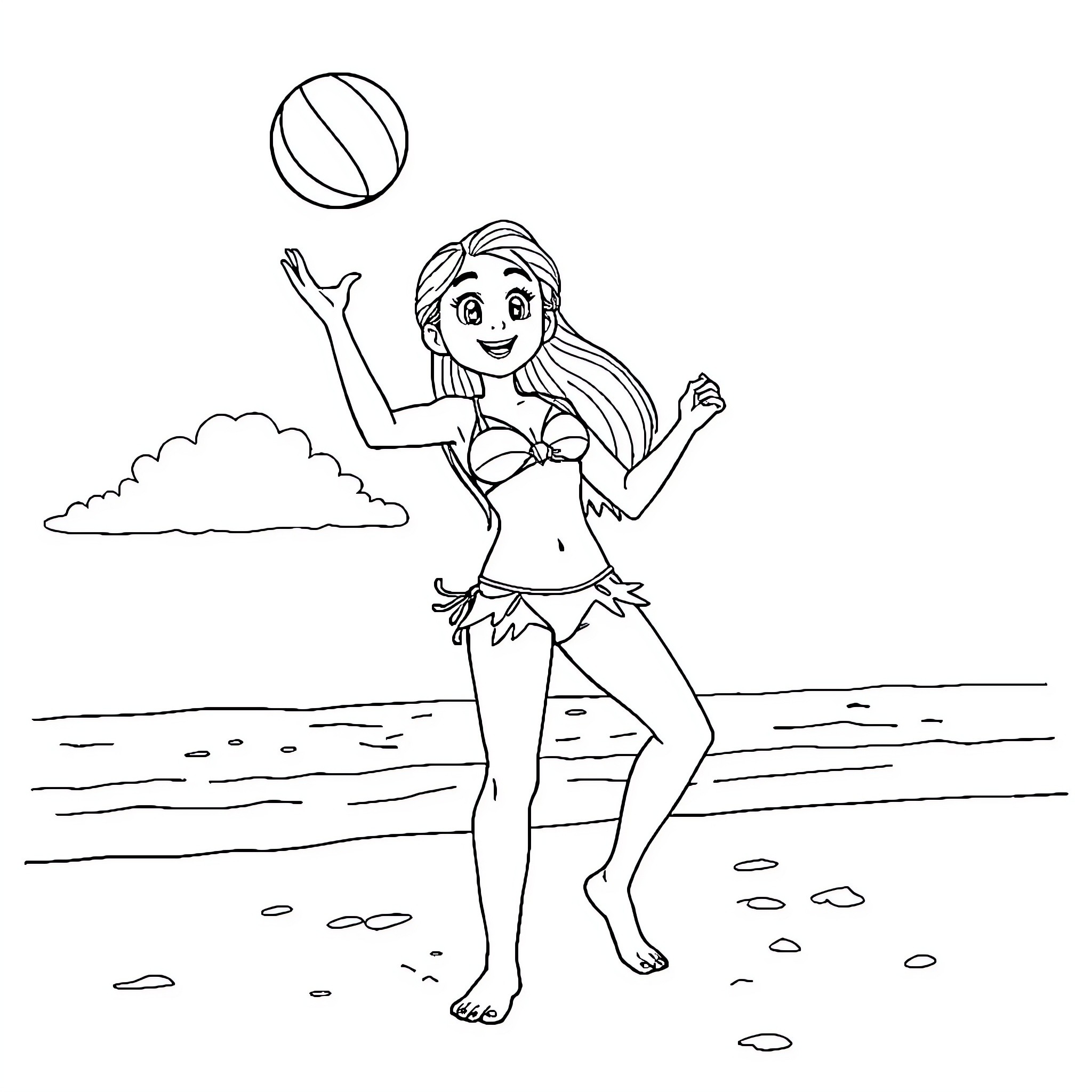 Brooklynn playing joyfully with a beach ball Coloring Page (free black-and-white line drawing printable PDF for all, from beginners to advanced learners, including children, teens, adults, and seniors)