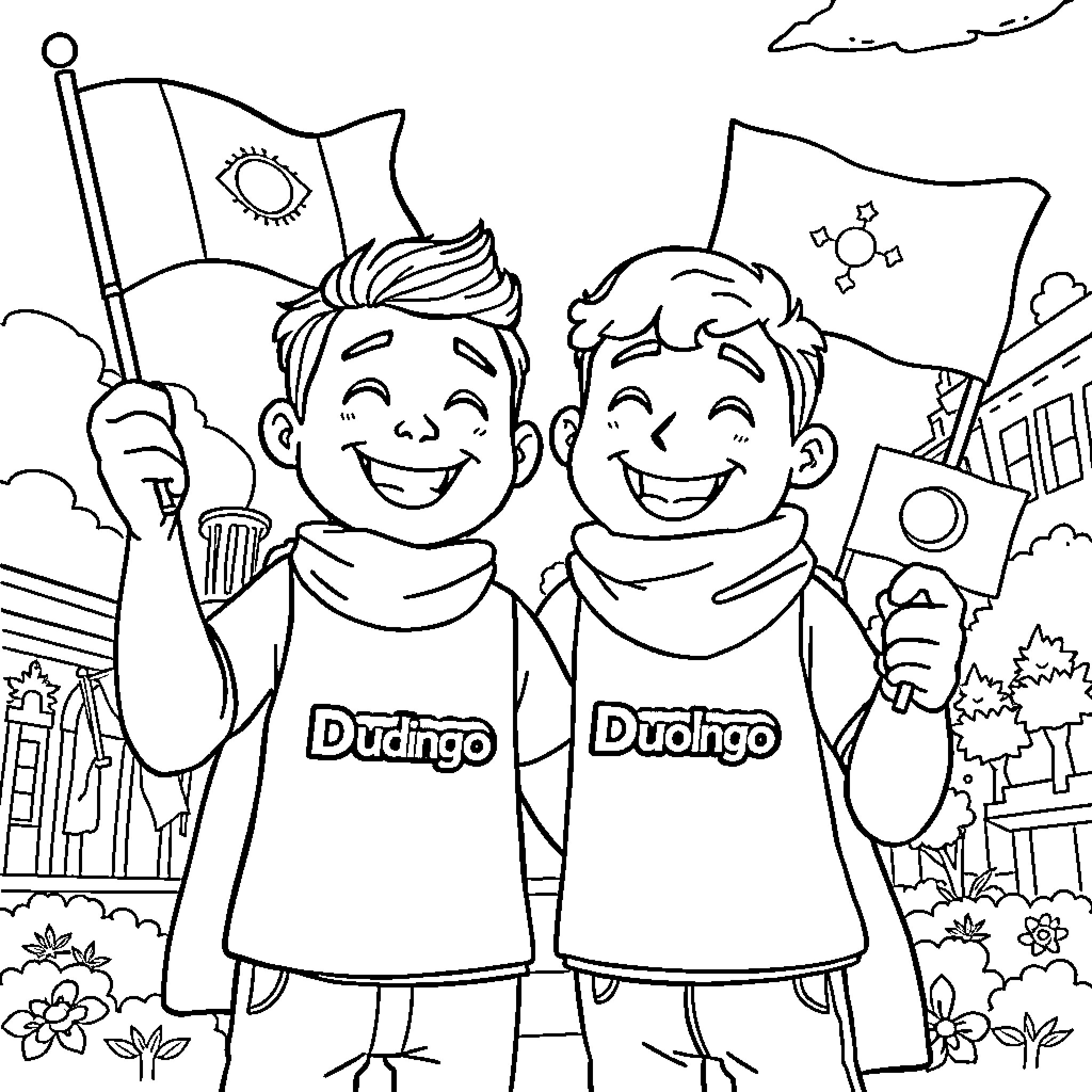 Duo Friends Celebrating in the City Coloring Page (free black-and-white line drawing printable PDF for all, from beginners to advanced learners, including children, teens, adults, and seniors)