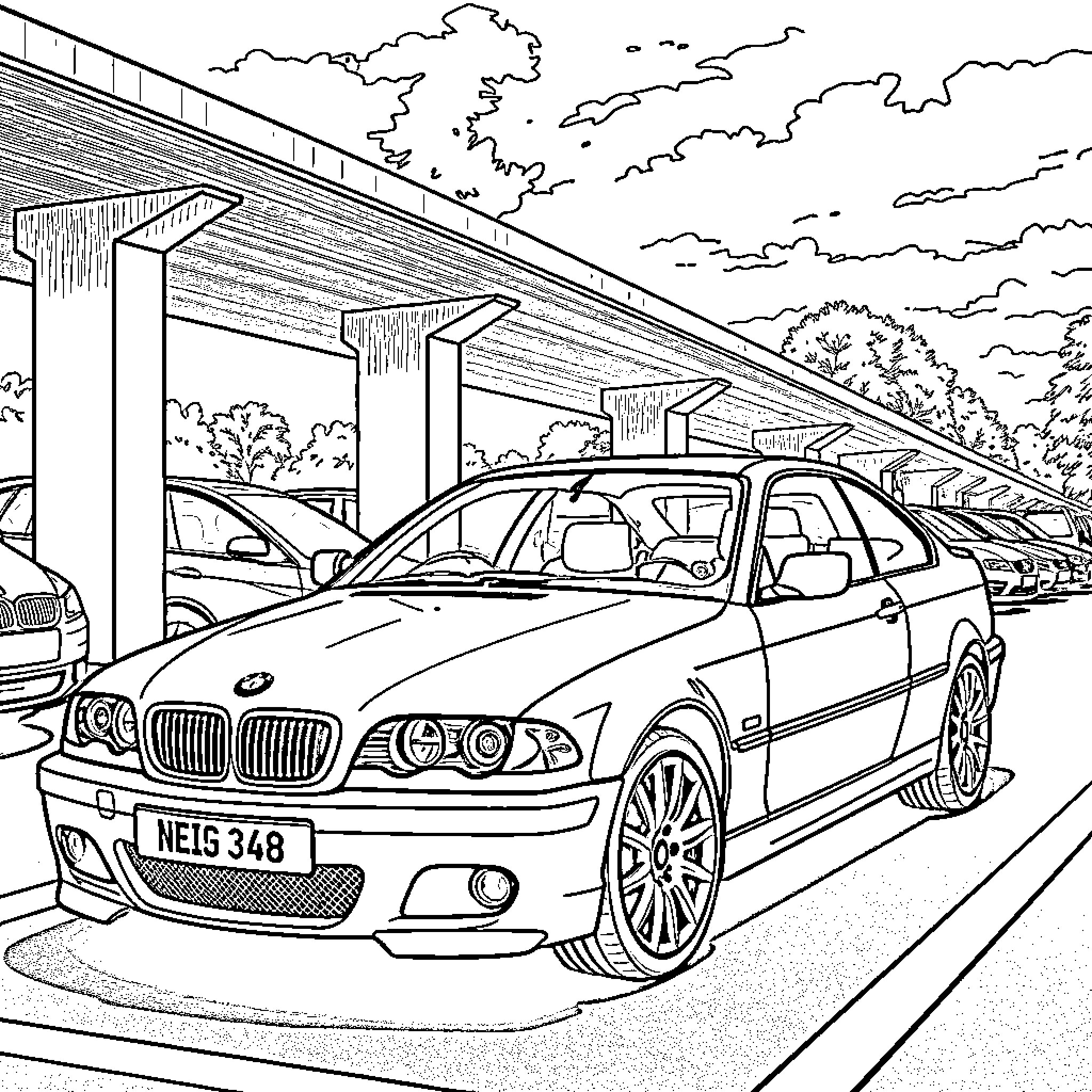 BMW sports car in a modern parking lot Coloring Page (free black-and-white line drawing printable PDF for all, from beginners to advanced learners, including children, teens, adults, and seniors)