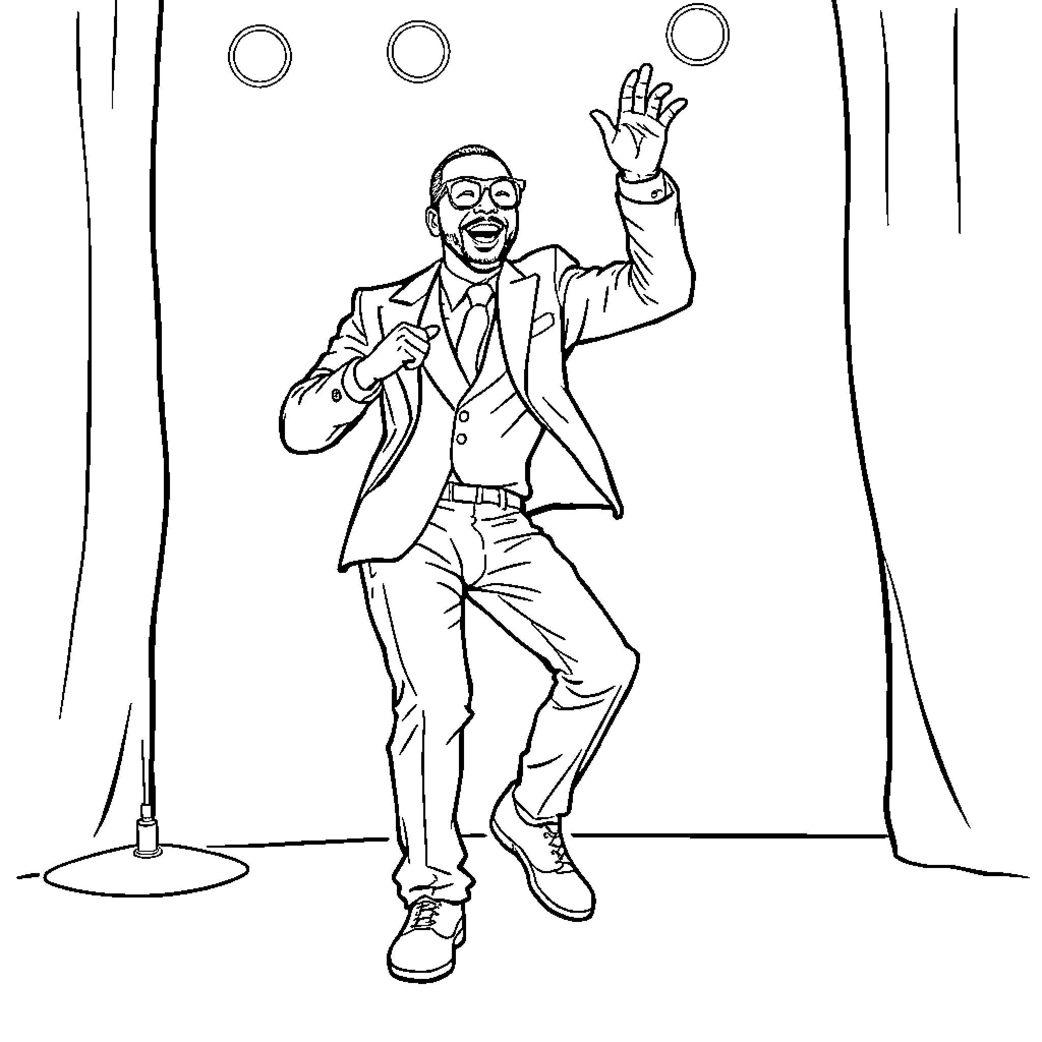 Diddy dancing joyfully on stage Coloring Page (free black-and-white line drawing printable PDF for all, from beginners to advanced learners, including children, teens, adults, and seniors)