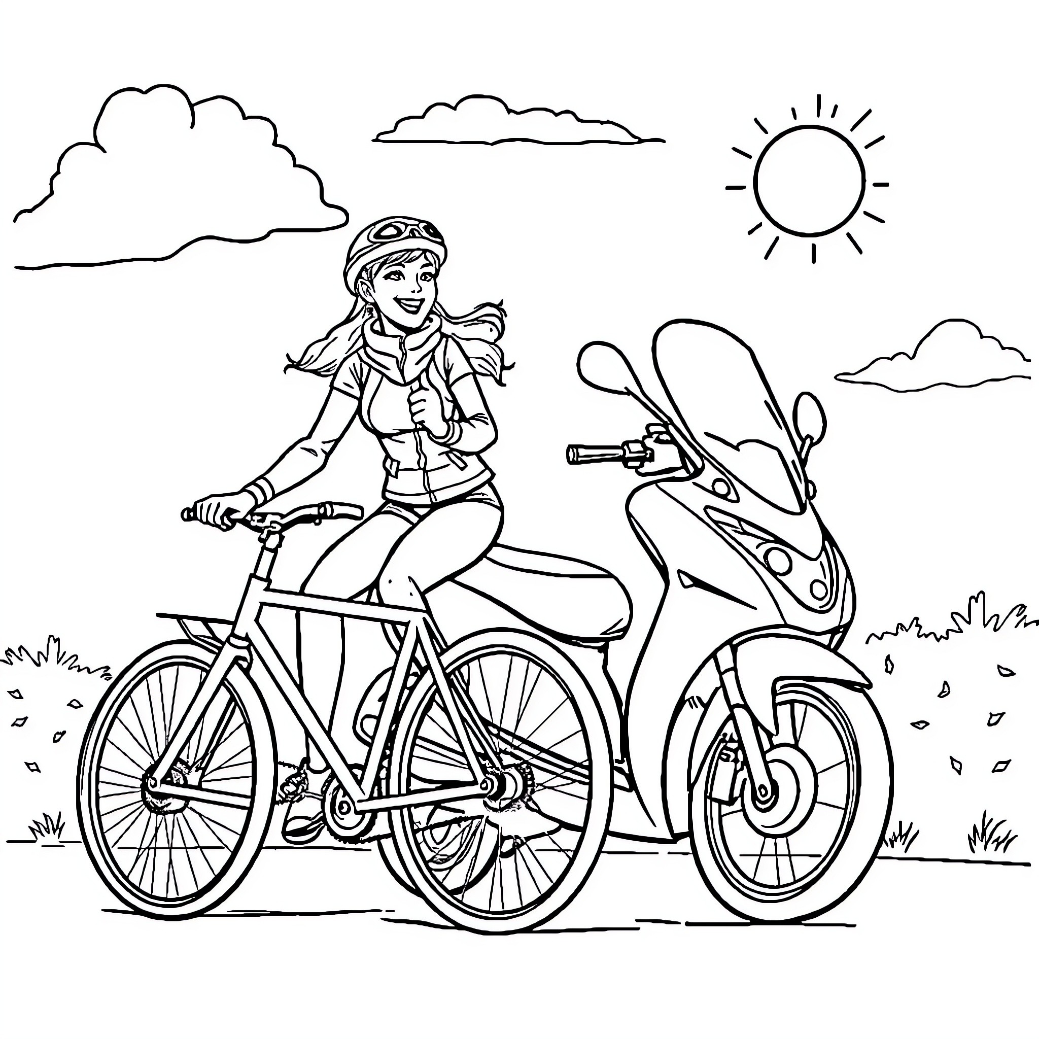 Reine des Neiges: Girl riding bicycle and scooter in nature Coloring Page (free black-and-white line drawing printable PDF for all, from beginners to advanced learners, including children, teens, adults, and seniors)