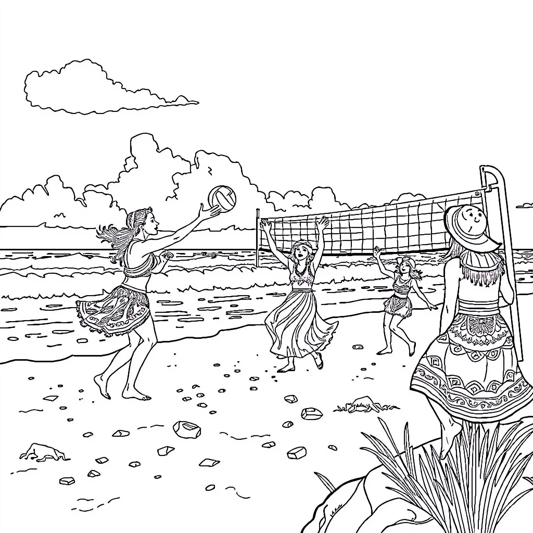 Morris Dancers Performing on the Beach Coloring Page (free black-and-white line drawing printable PDF for all, from beginners to advanced learners, including children, teens, adults, and seniors)