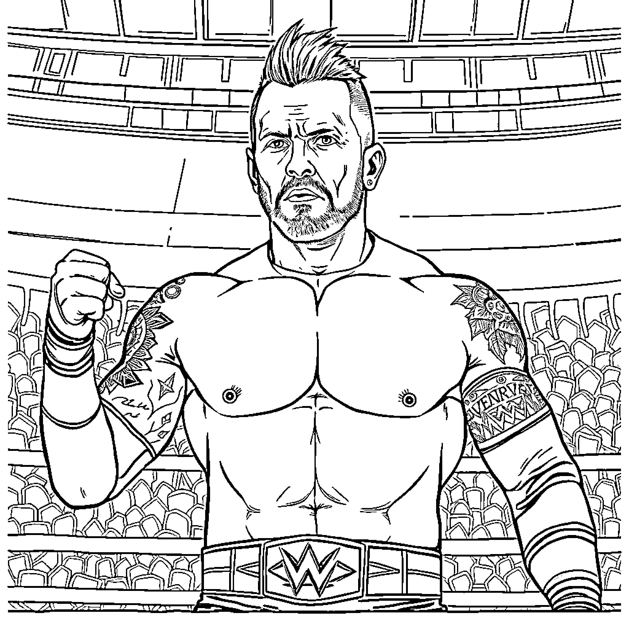 Cm Punk Posing Confidently in the Wrestling Ring Coloring Page (free black-and-white line drawing printable PDF for all, from beginners to advanced learners, including children, teens, adults, and seniors)