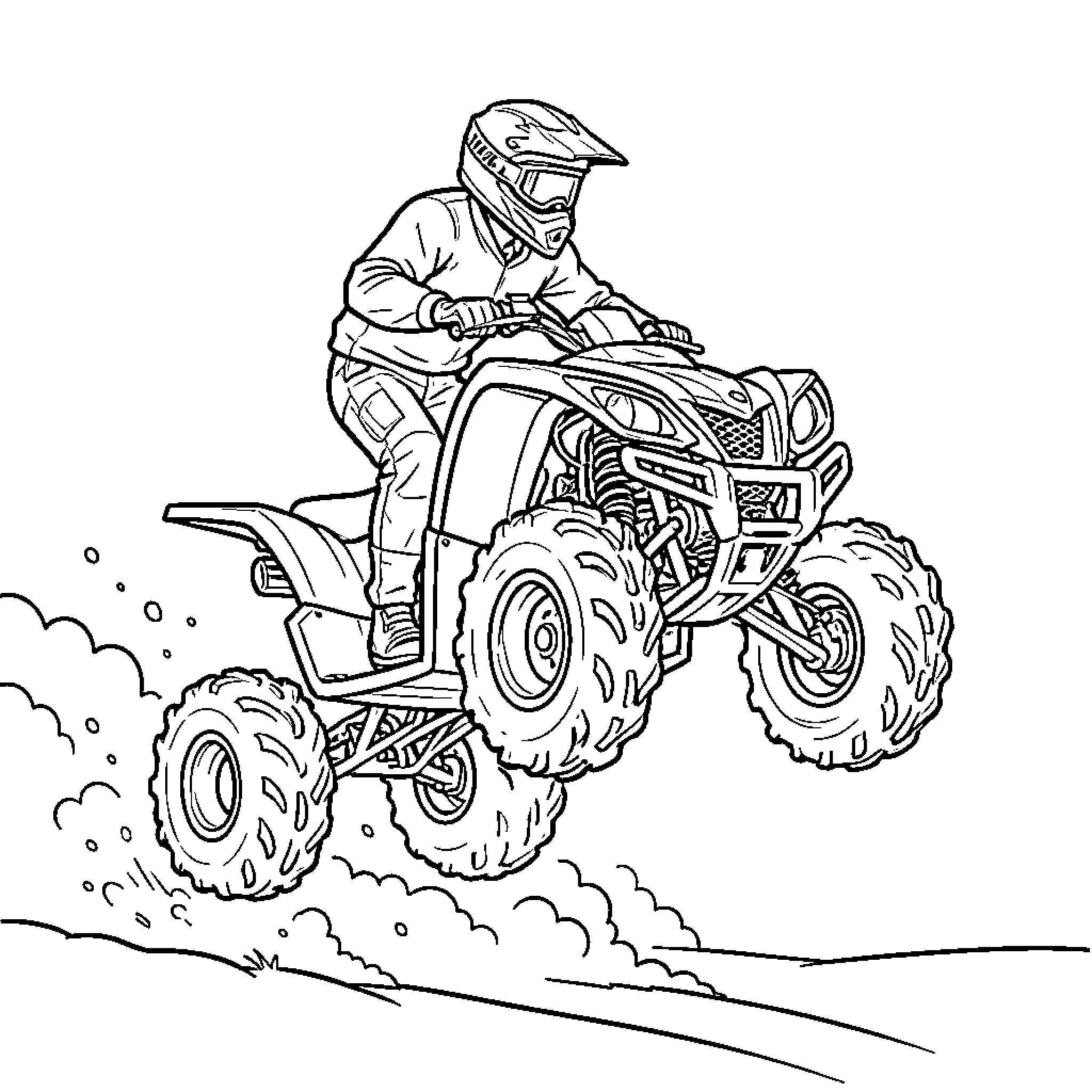 ATV rider racing through rugged terrain Coloring Page (free black-and-white line drawing printable PDF for all, from beginners to advanced learners, including children, teens, adults, and seniors)