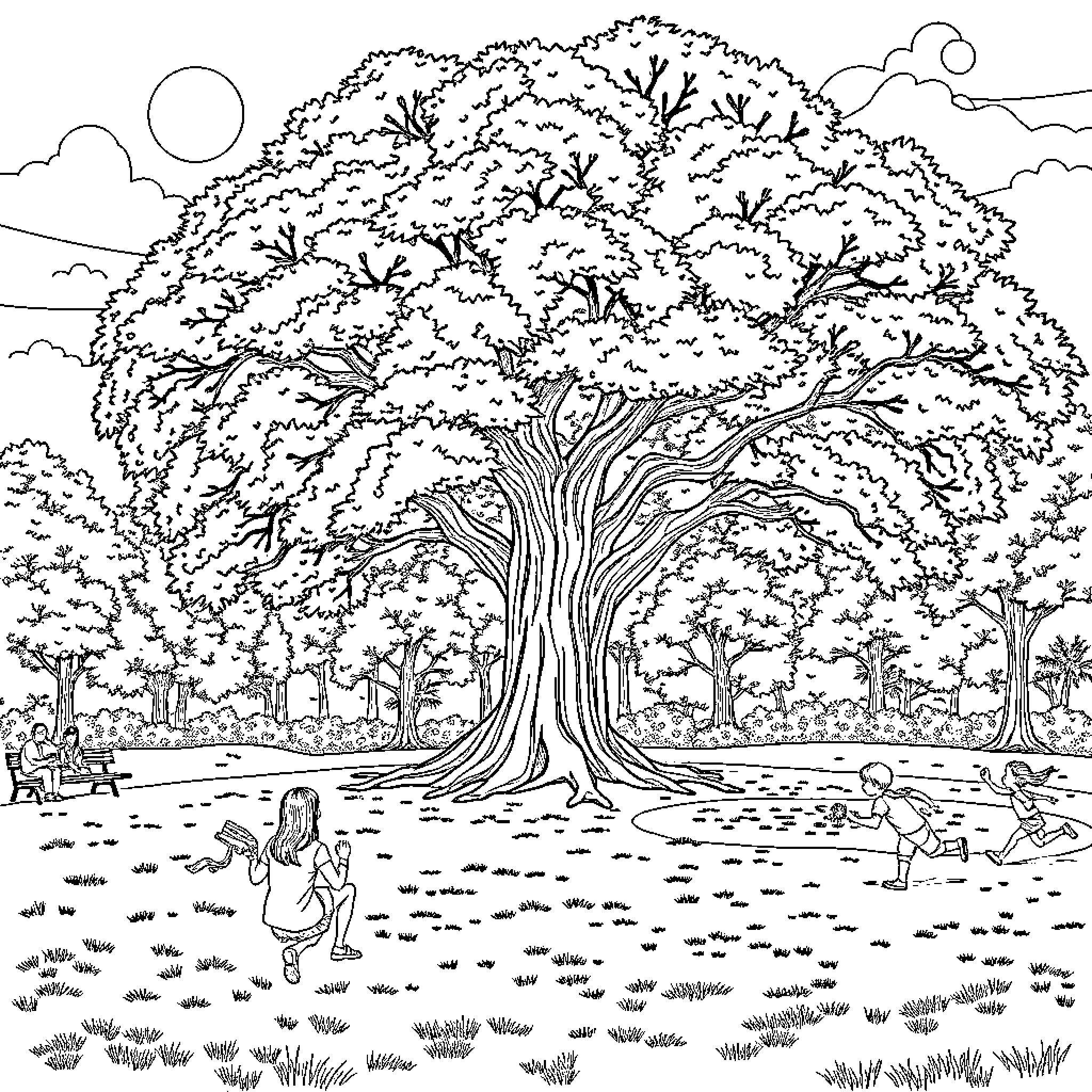 Park with giant tree and children playing Coloring Page (free black-and-white line drawing printable PDF for all, from beginners to advanced learners, including children, teens, adults, and seniors)