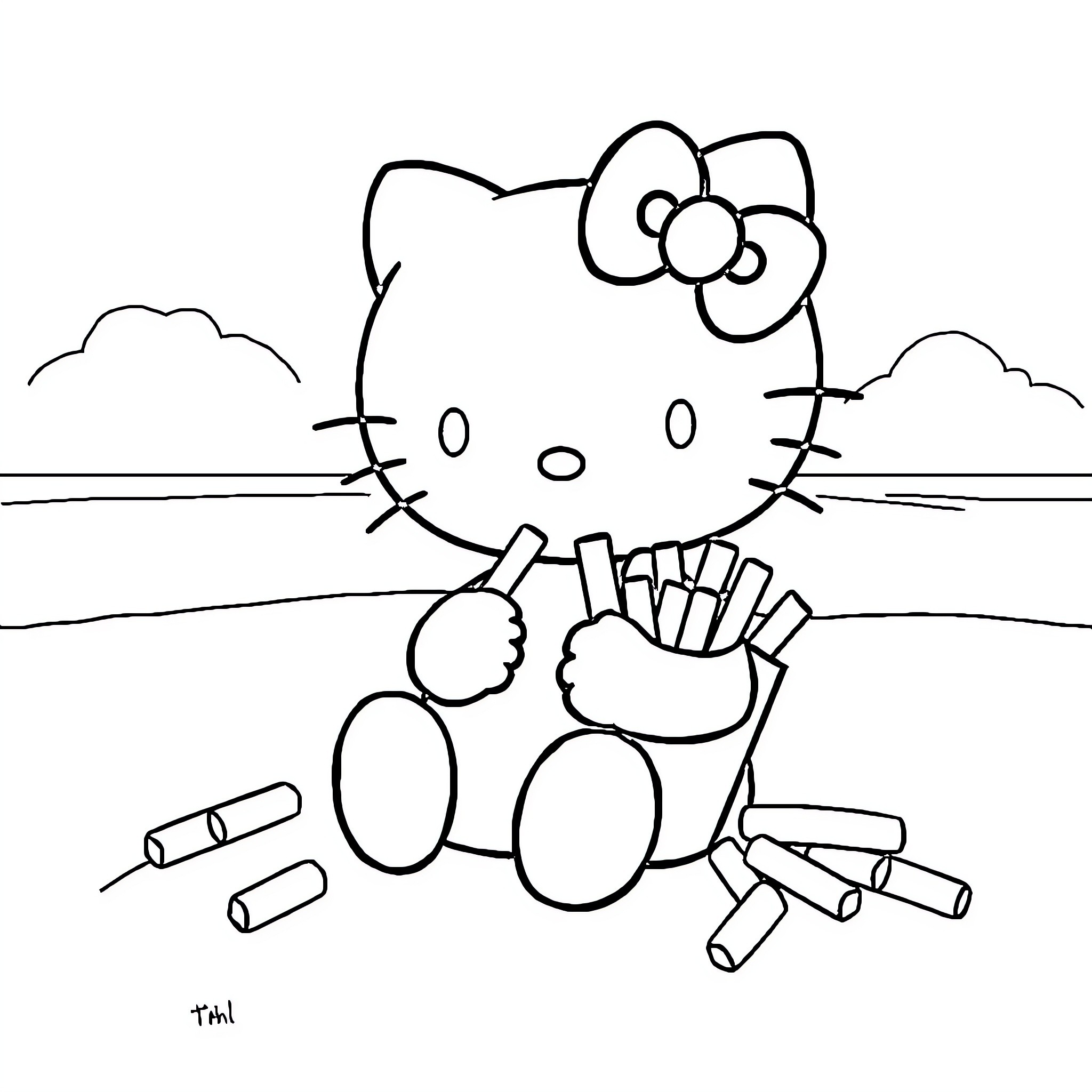 Hello Kitty enjoying snack outdoors Coloring Page (free black-and-white line drawing printable PDF for all, from beginners to advanced learners, including children, teens, adults, and seniors)