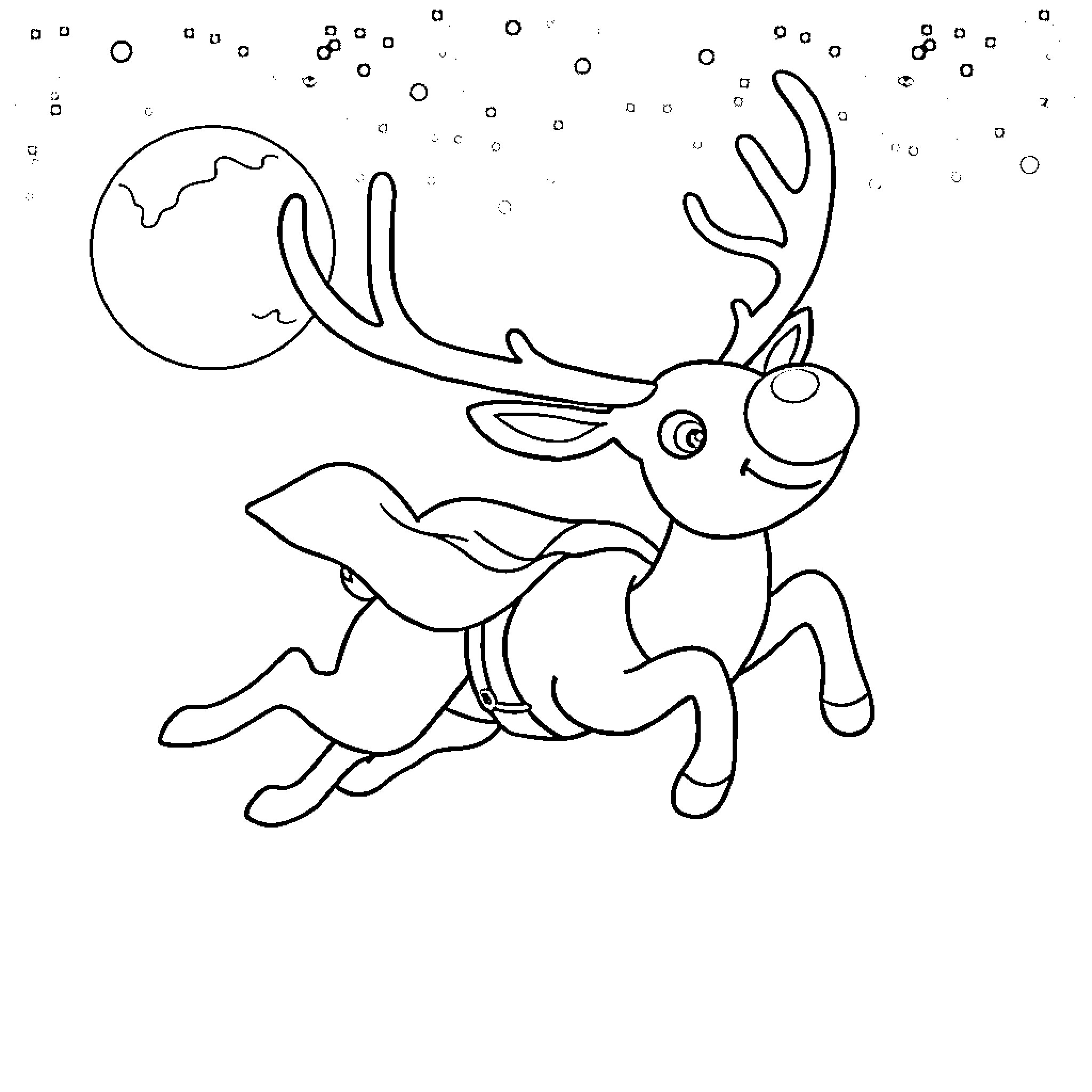 Rudolf the Reindeer Frolicking in the Snow Coloring Page (free black-and-white line drawing printable PDF for all, from beginners to advanced learners, including children, teens, adults, and seniors)