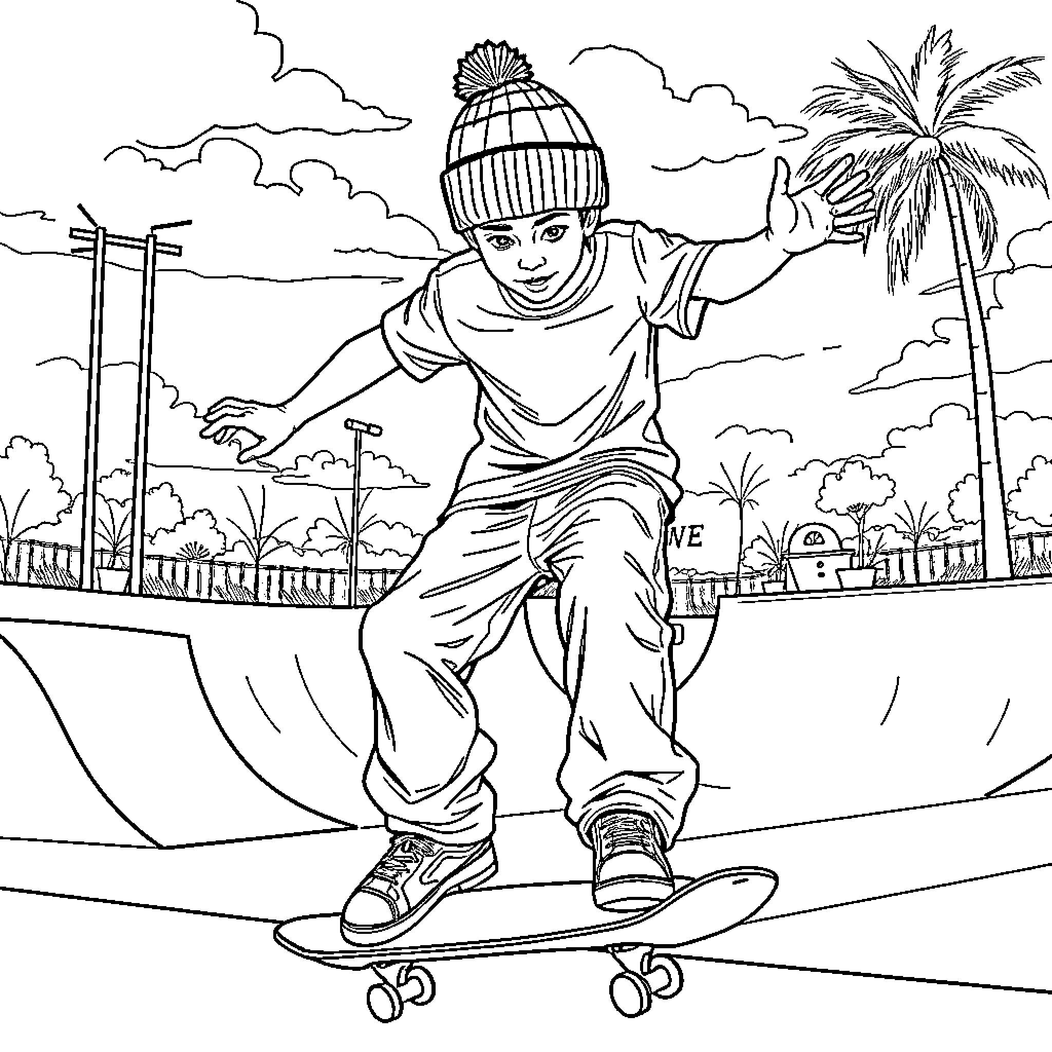 Skate Punk Shredding the Half-Pipe Coloring Page (free black-and-white line drawing printable PDF for all, from beginners to advanced learners, including children, teens, adults, and seniors)
