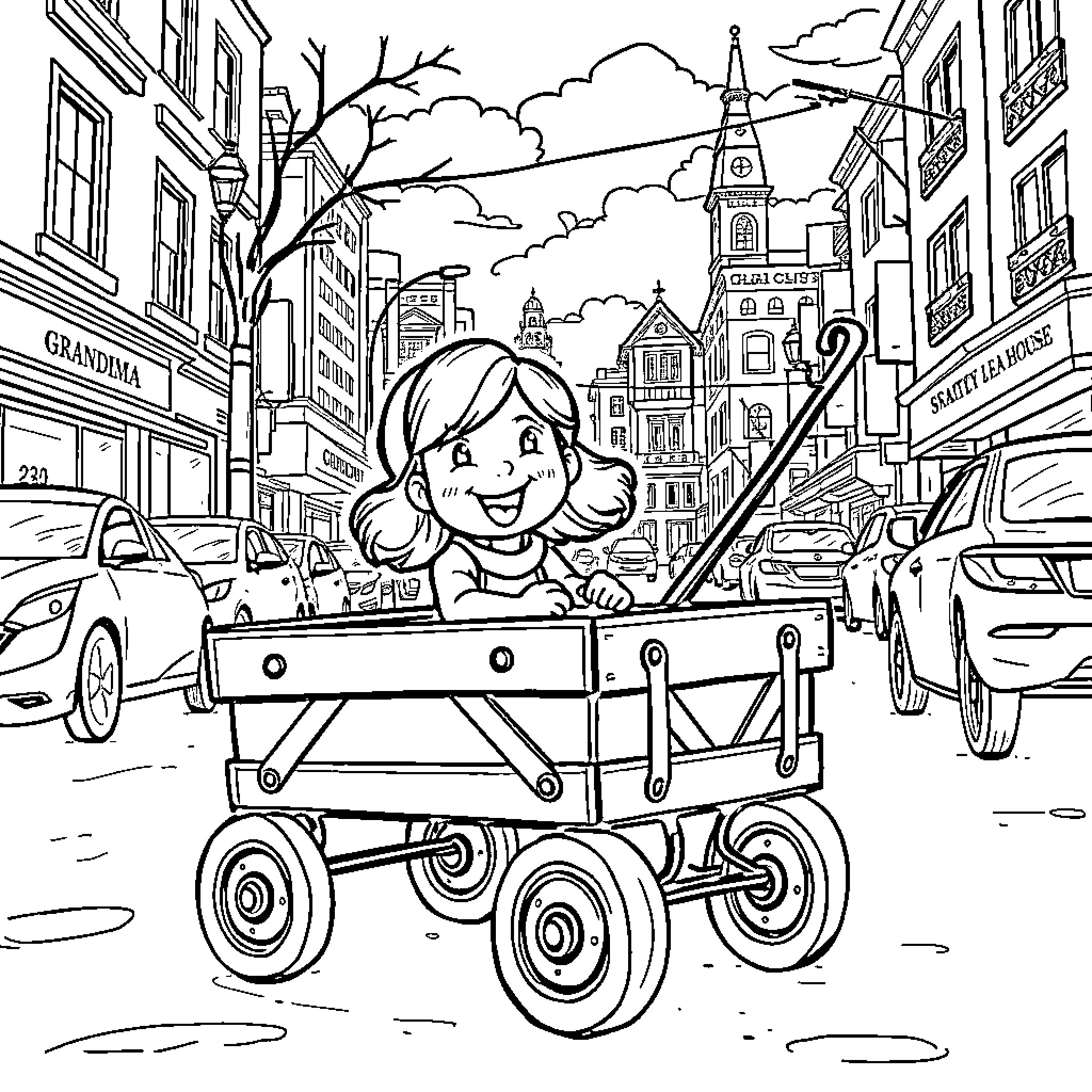 Girl exploring the city in a wagon Coloring Page (free black-and-white line drawing printable PDF for all, from beginners to advanced learners, including children, teens, adults, and seniors)