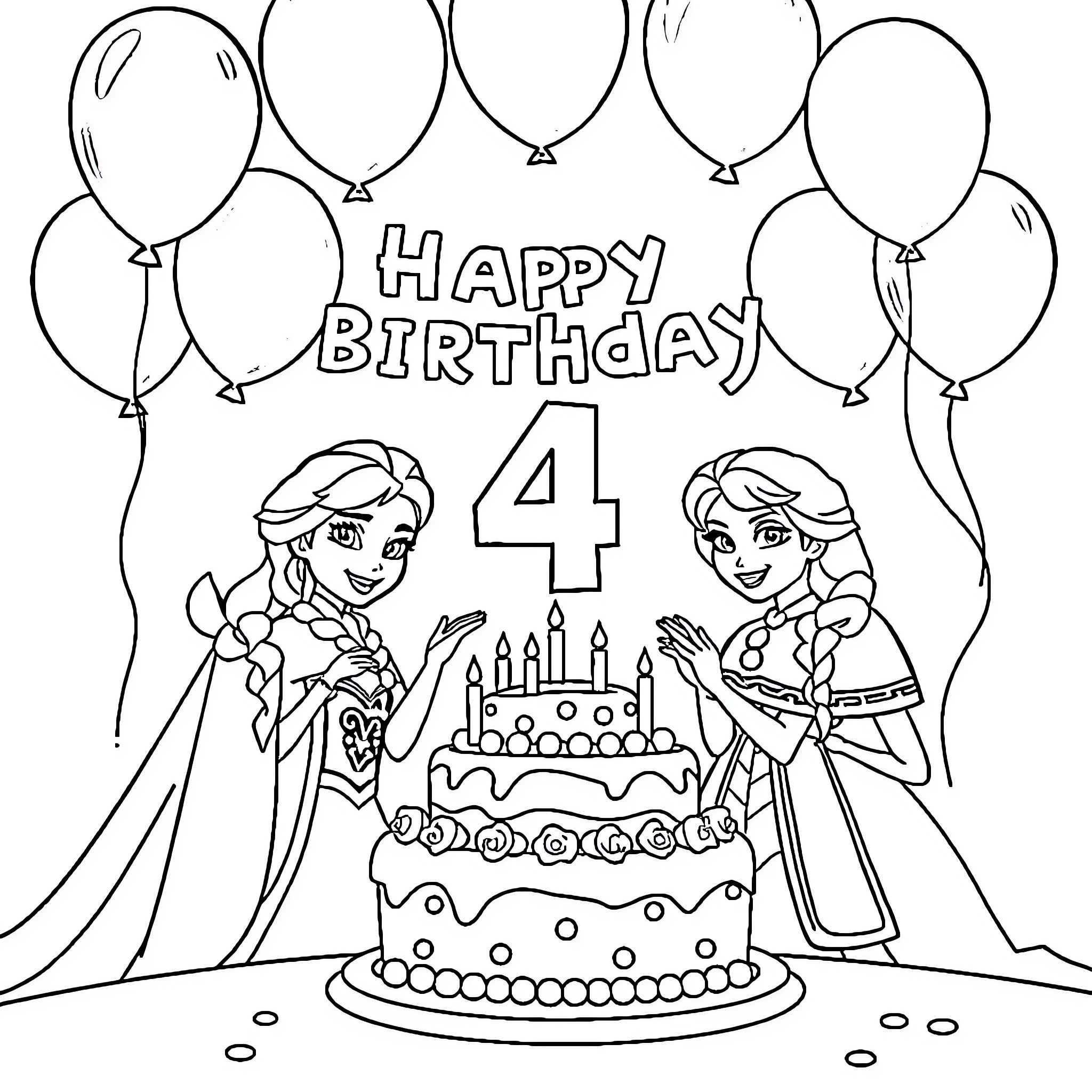 Frozen characters celebrating 4th birthday party Coloring Page (free black-and-white line drawing printable PDF for all, from beginners to advanced learners, including children, teens, adults, and seniors)