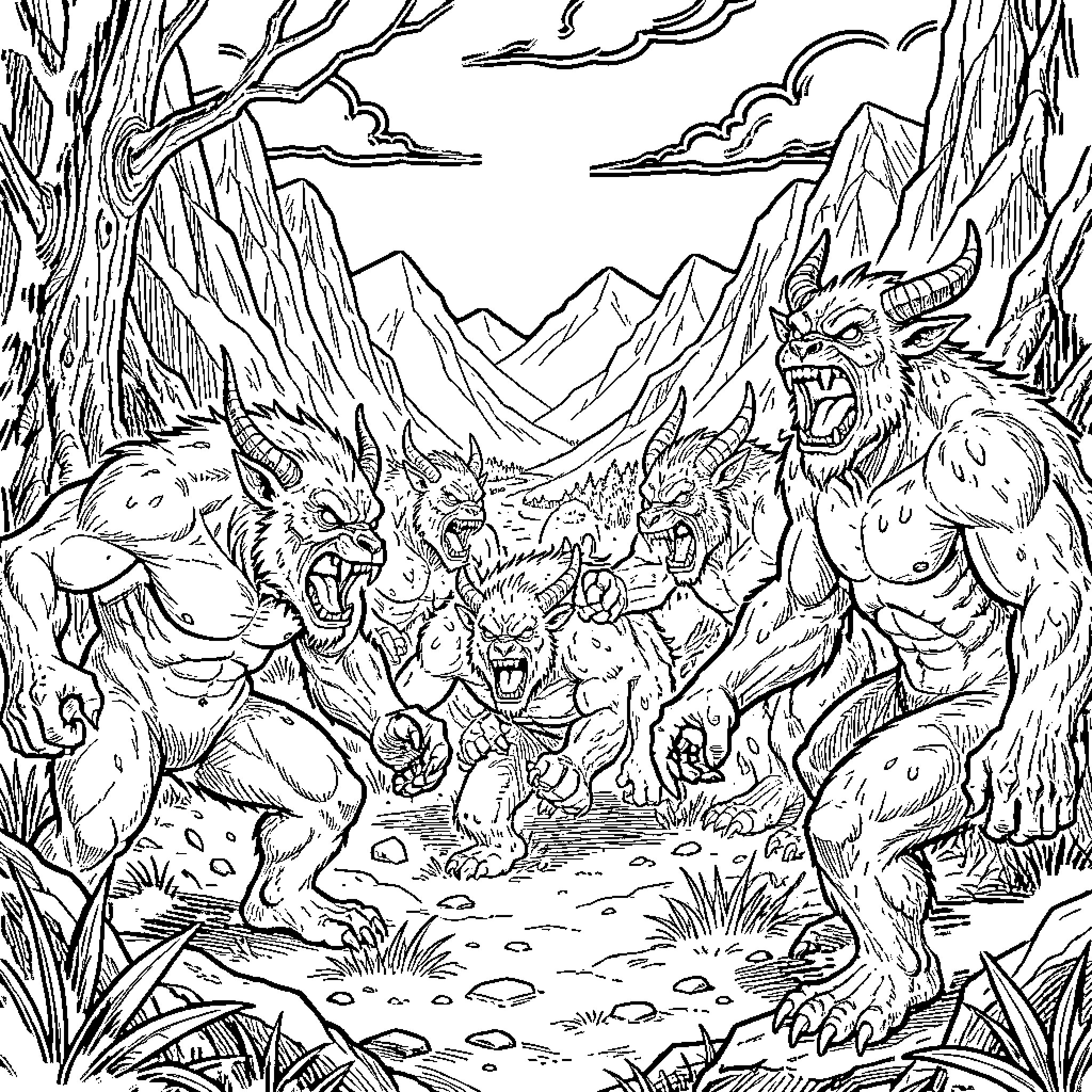Monster creatures roaring aggressively in a mountain valley Coloring Page (free black-and-white line drawing printable PDF for all, from beginners to advanced learners, including children, teens, adults, and seniors)