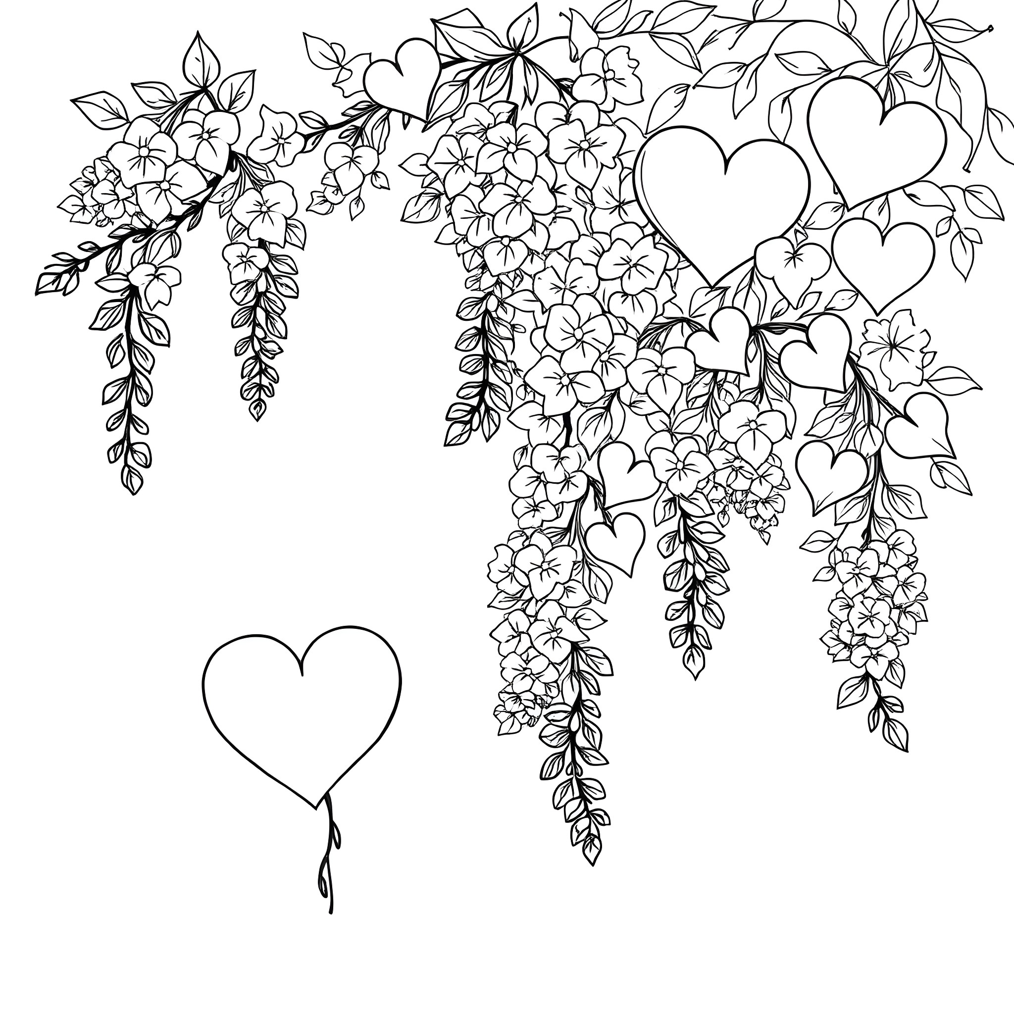 Heart-shaped Floral Delight Coloring Page (free black-and-white line drawing printable PDF for all, from beginners to advanced learners, including children, teens, adults, and seniors)