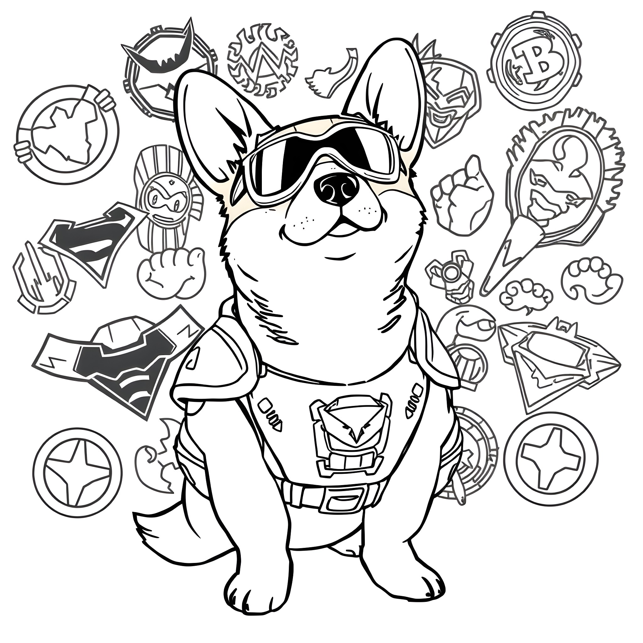 Corgi wearing sunglasses surrounded by playful icons Coloring Page (free black-and-white line drawing printable PDF for all, from beginners to advanced learners, including children, teens, adults, and seniors)