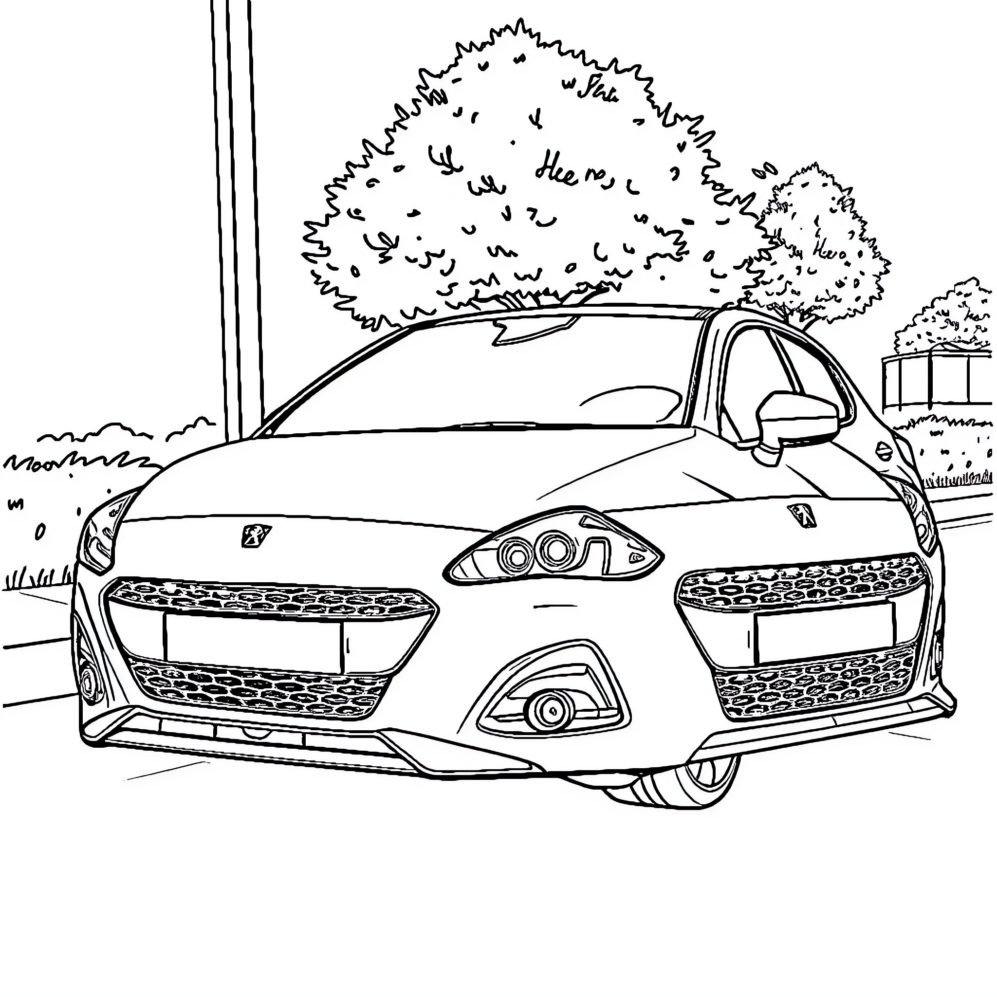 Peugeot car parked in nature setting Coloring Page (free black-and-white line drawing printable PDF for all, from beginners to advanced learners, including children, teens, adults, and seniors)