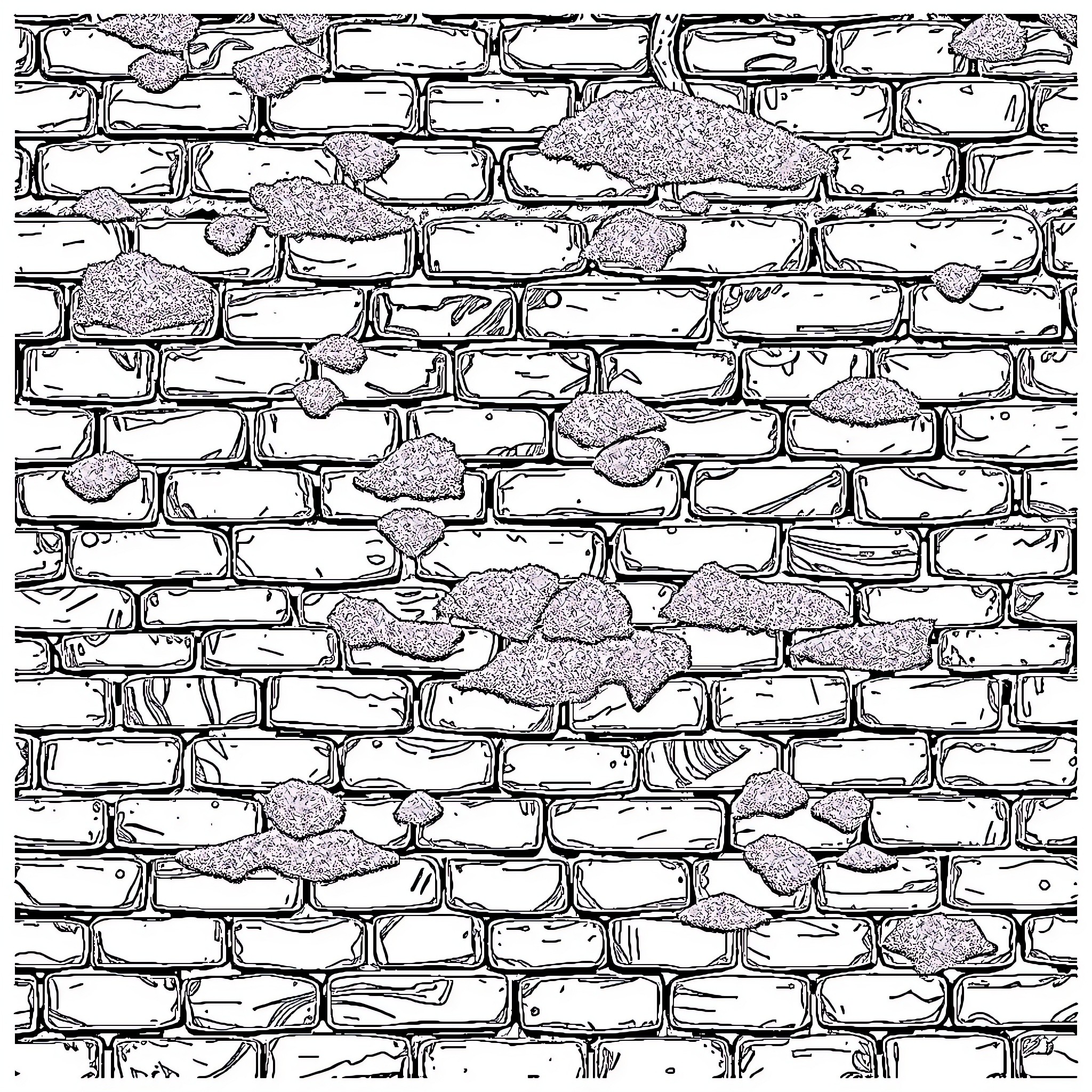 Brickwall of irregular shapes and patterns Coloring Page (free black-and-white line drawing printable PDF for all, from beginners to advanced learners, including children, teens, adults, and seniors)