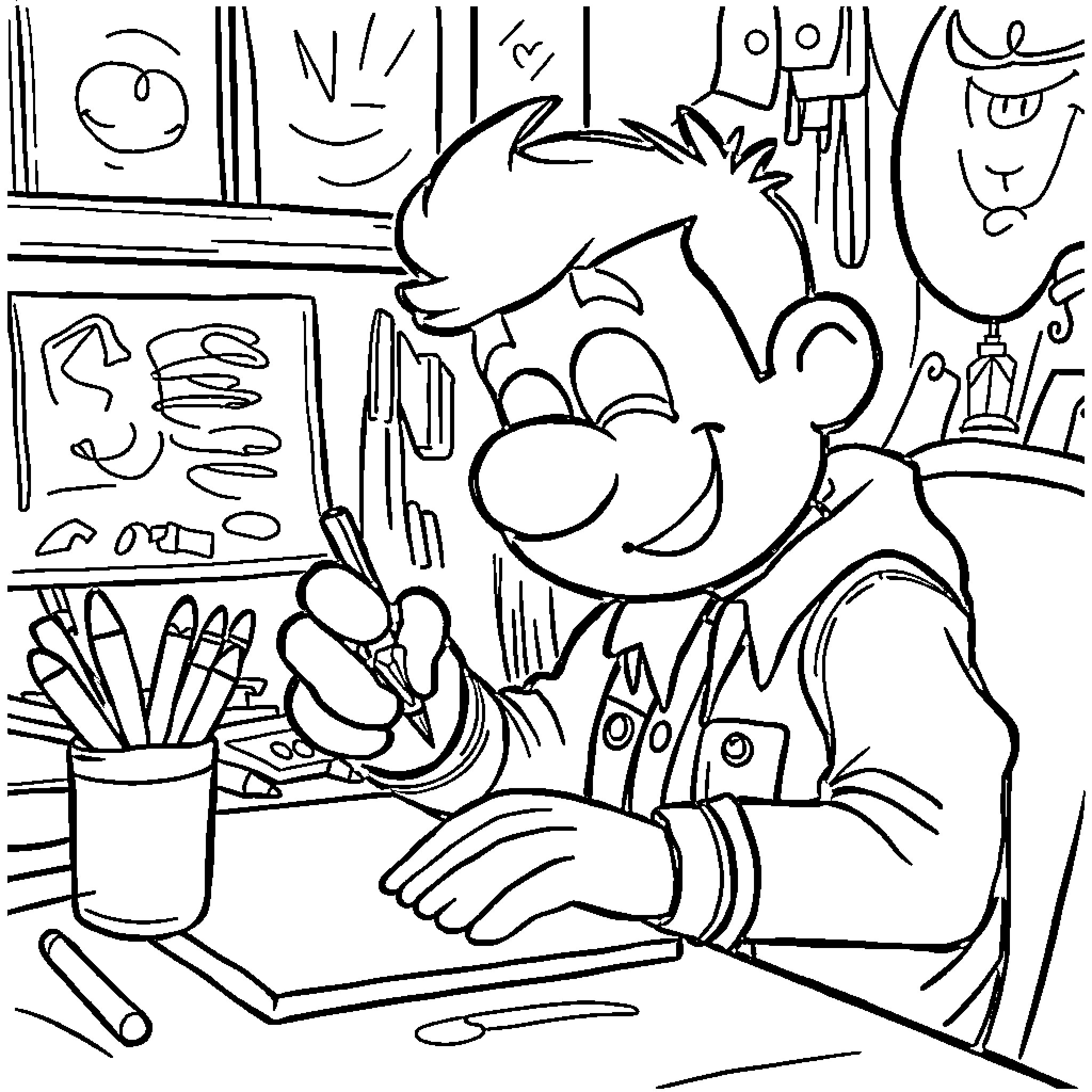 Mike's Artistic Expression in the Classroom Coloring Page (free black-and-white line drawing printable PDF for all, from beginners to advanced learners, including children, teens, adults, and seniors)