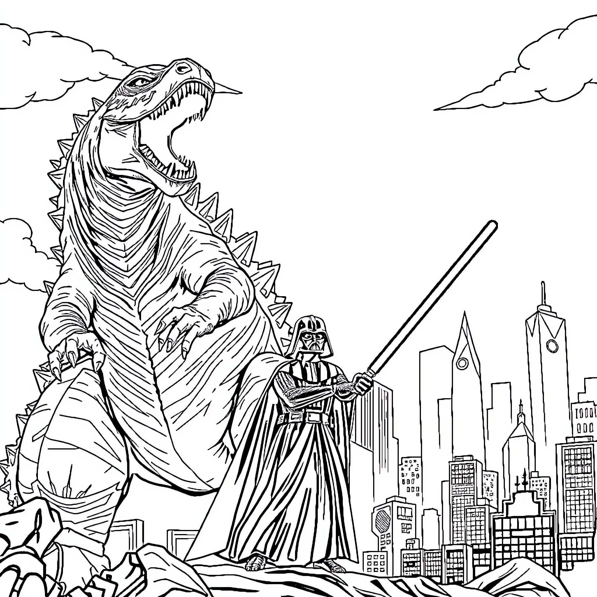 Godzilla Rampages Through the City with Darth Vader Coloring Page (free black-and-white line drawing printable PDF for all, from beginners to advanced learners, including children, teens, adults, and seniors)