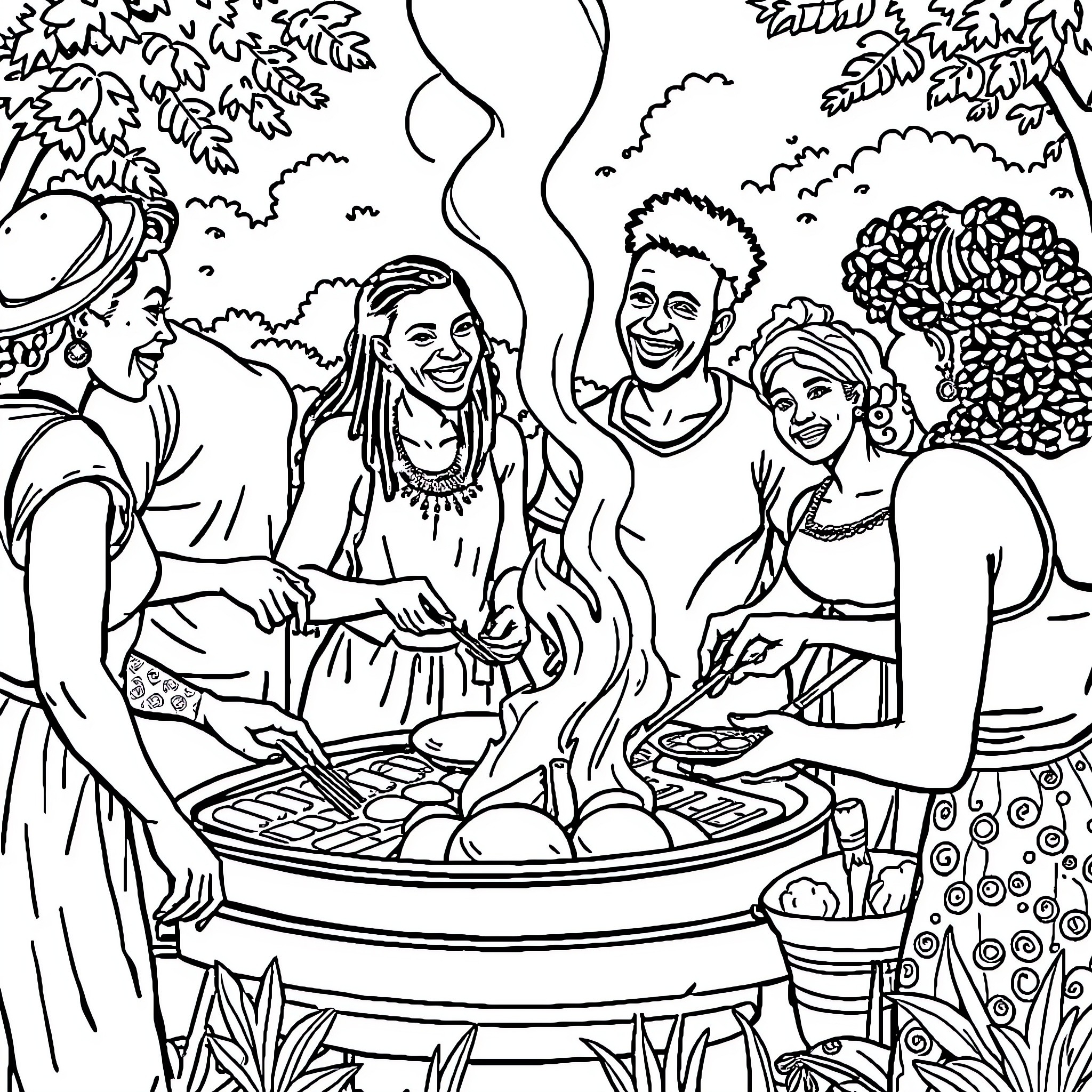 Cook Sharing a Festive Meal with Friends in Nature Coloring Page (free black-and-white line drawing printable PDF for all, from beginners to advanced learners, including children, teens, adults, and seniors)