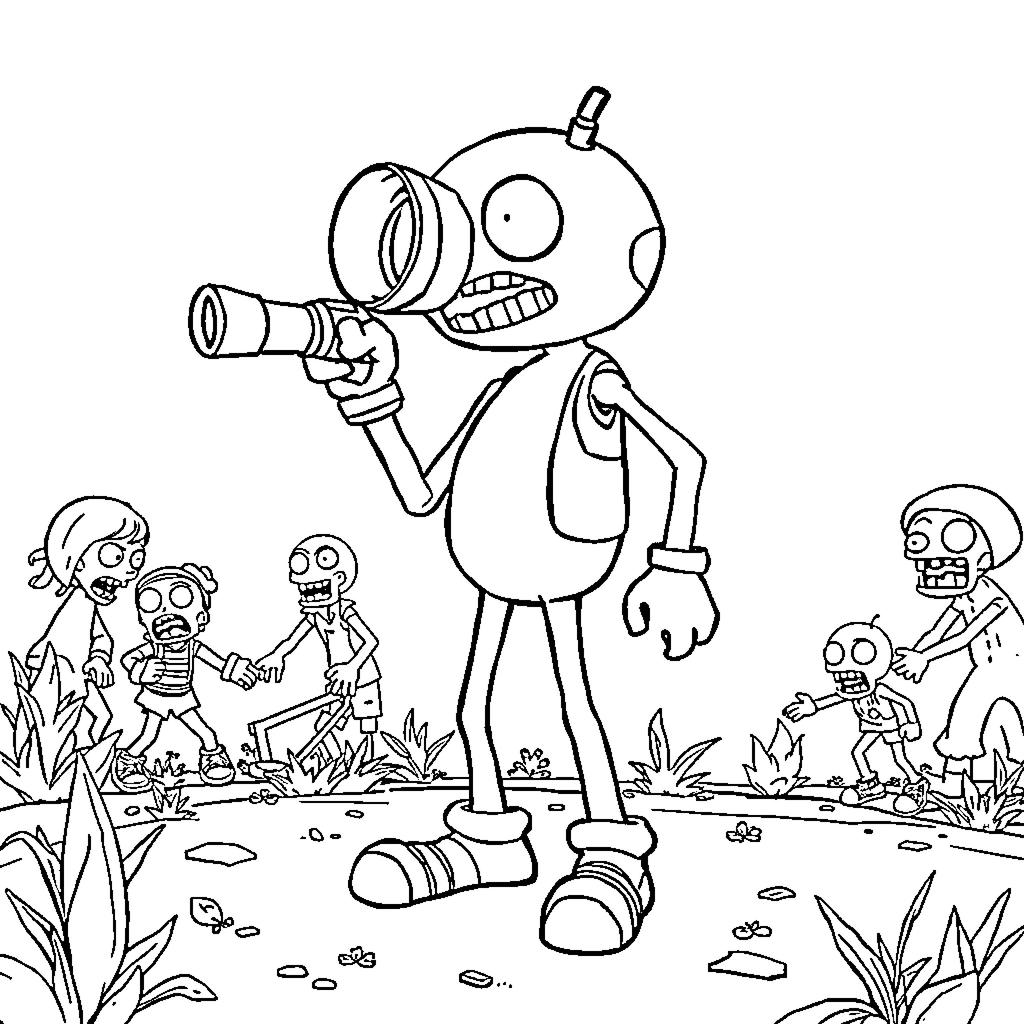 Peashooter's Adventurous Encounter with Peculiar Figures Coloring Page (free black-and-white line drawing printable PDF for all, from beginners to advanced learners, including children, teens, adults, and seniors)