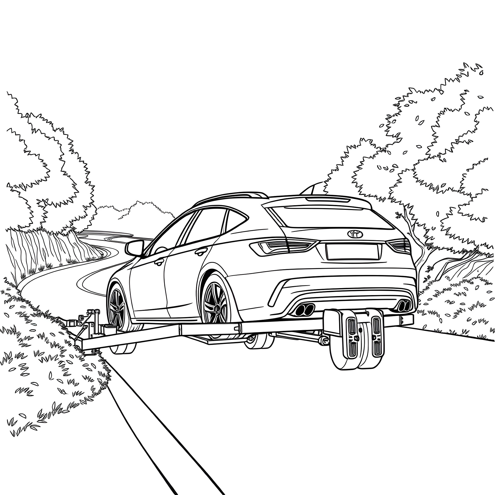 Car Trailer Transporting a Vehicle on a Rural Road Coloring Page (free black-and-white line drawing printable PDF for all, from beginners to advanced learners, including children, teens, adults, and seniors)
