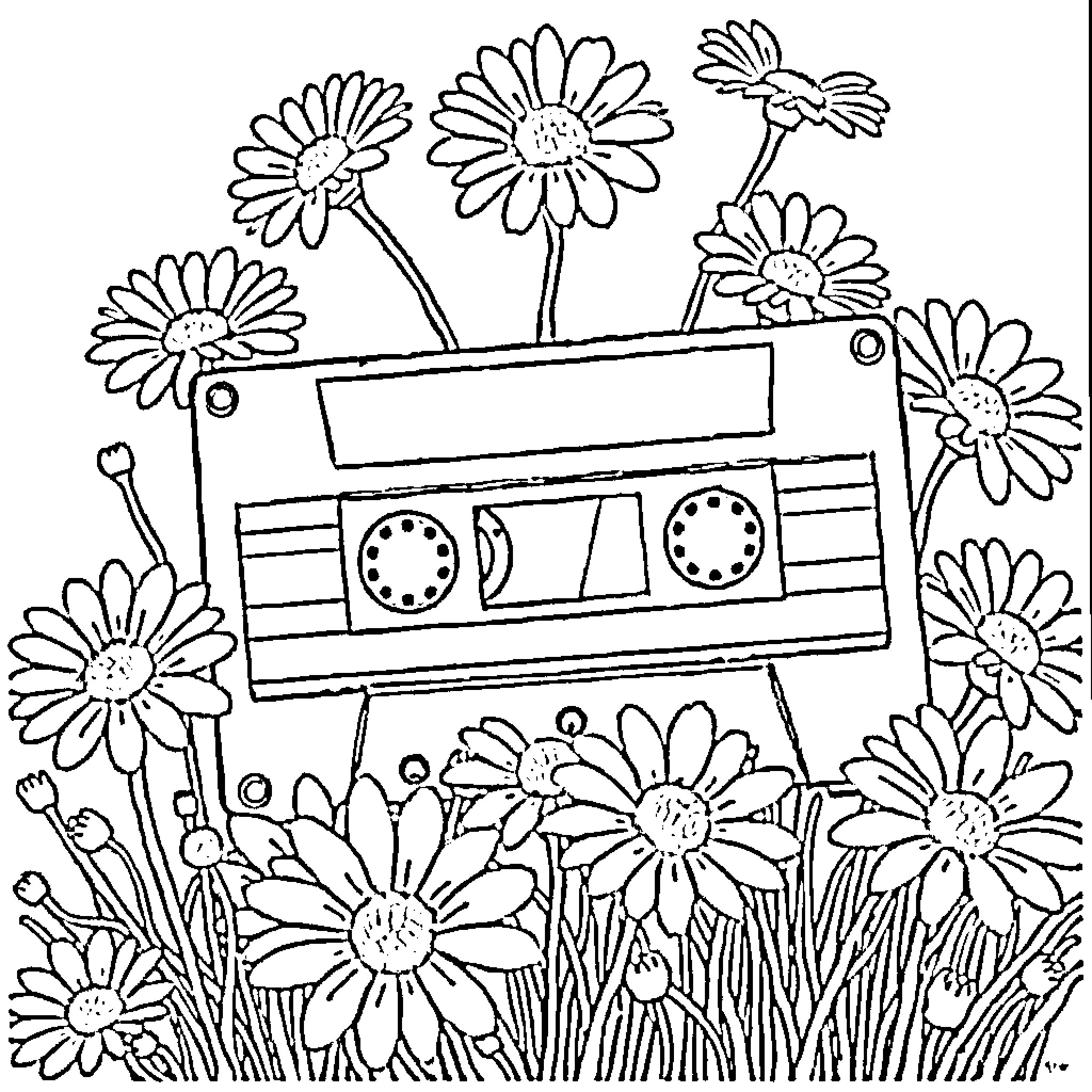Cassette surrounded by blooming flowers Coloring Page (free black-and-white line drawing printable PDF for all, from beginners to advanced learners, including children, teens, adults, and seniors)