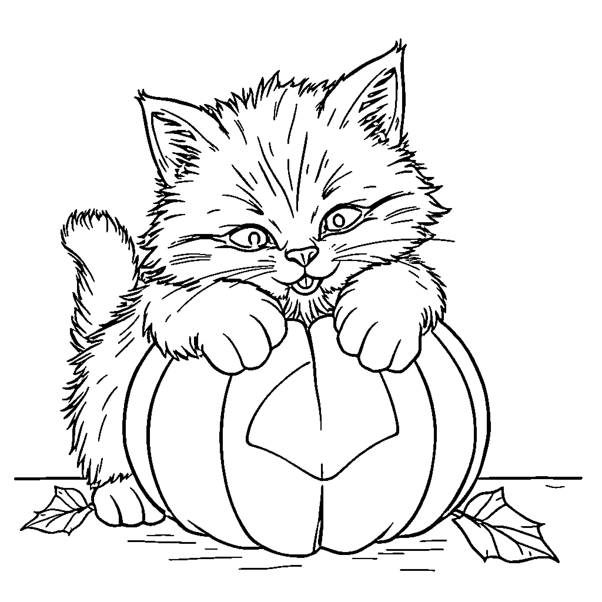 Cat sitting on pumpkin in autumn Coloring Page (free black-and-white line drawing printable PDF for all, from beginners to advanced learners, including children, teens, adults, and seniors)
