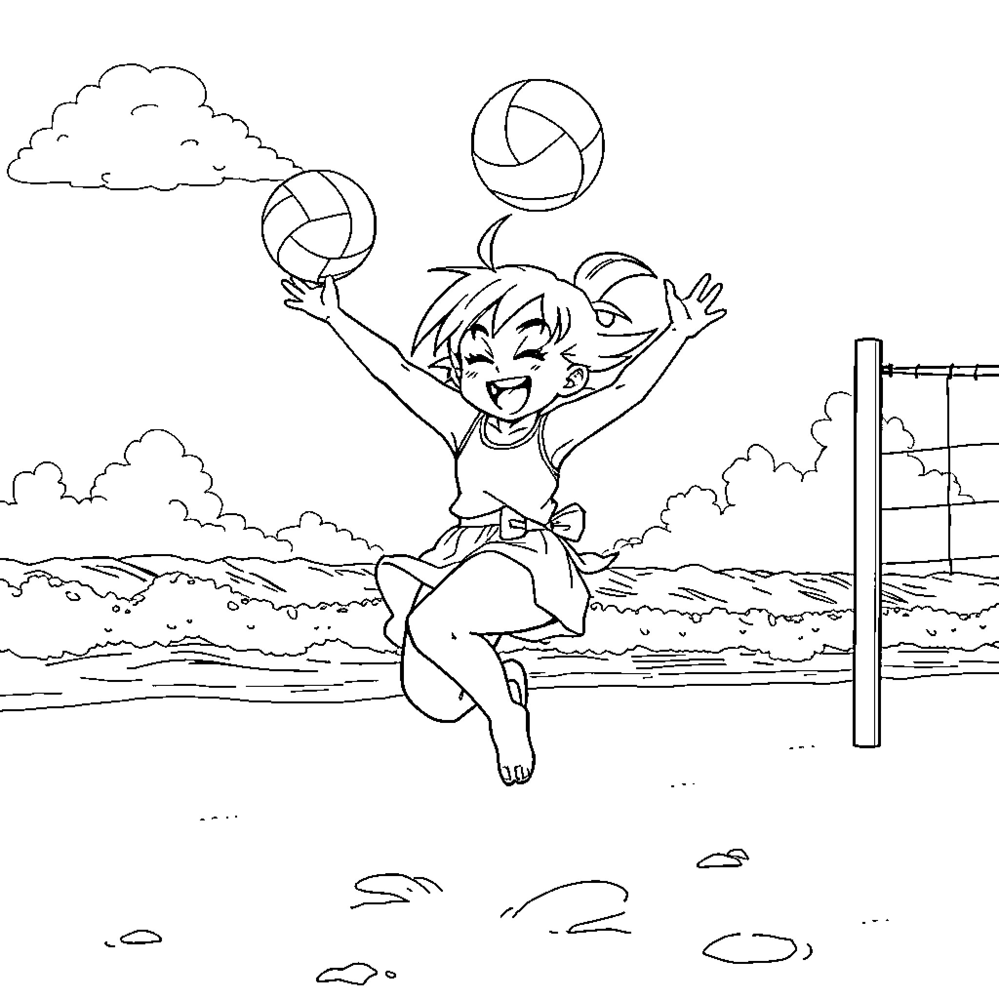 Chichi playing happily with volleyballs at the beach Coloring Page (free black-and-white line drawing printable PDF for all, from beginners to advanced learners, including children, teens, adults, and seniors)
