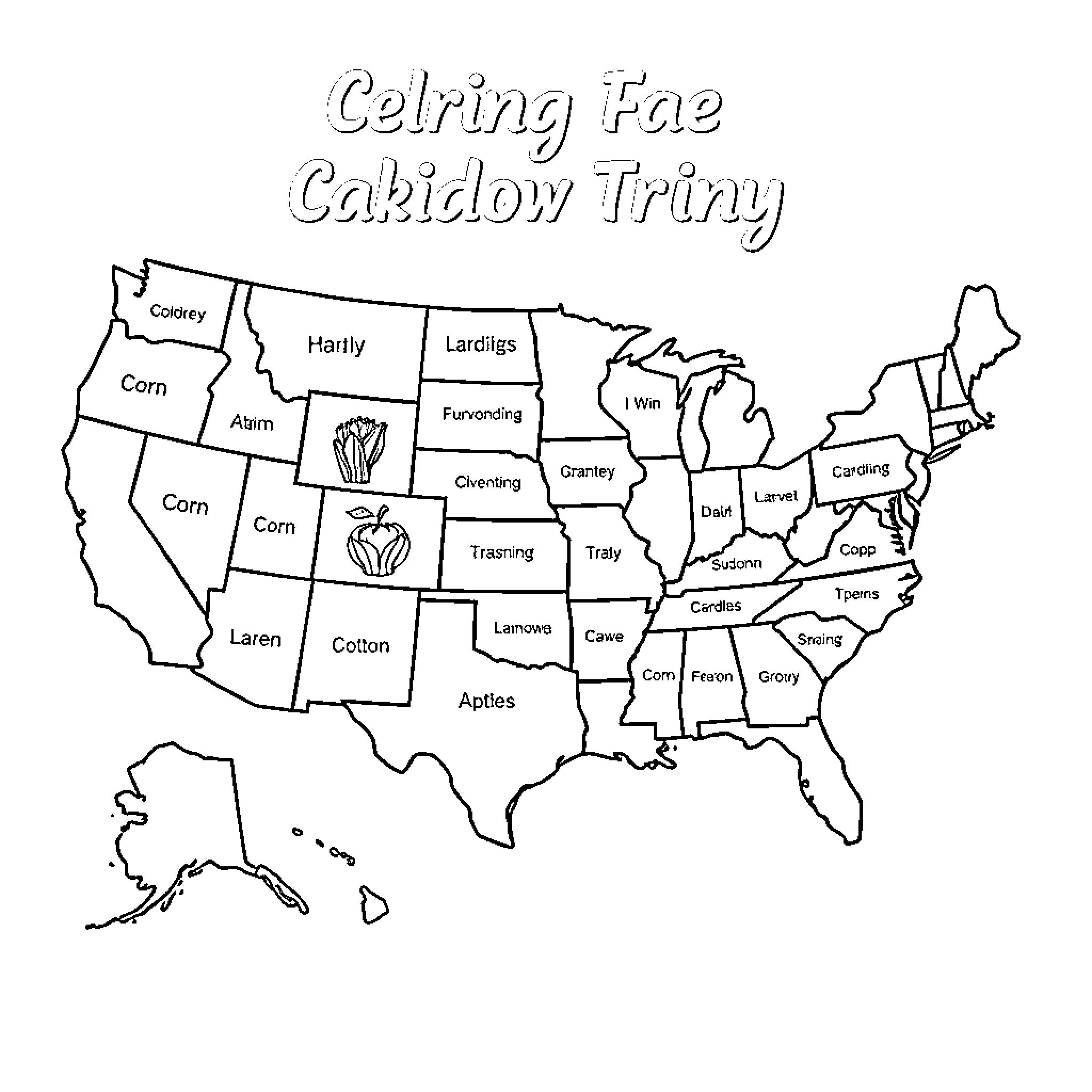 Map of US with regional nicknames Coloring Page (free black-and-white line drawing printable PDF for all, from beginners to advanced learners, including children, teens, adults, and seniors)