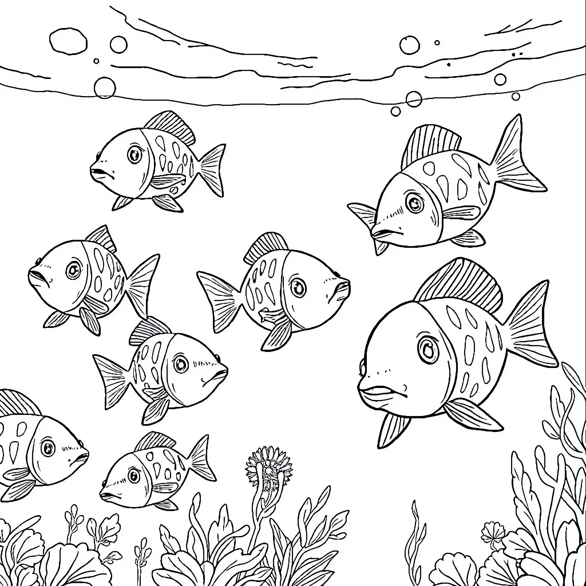 Dog-shaped fish swimming underwater in a marine scene Coloring Page (free black-and-white line drawing printable PDF for all, from beginners to advanced learners, including children, teens, adults, and seniors)