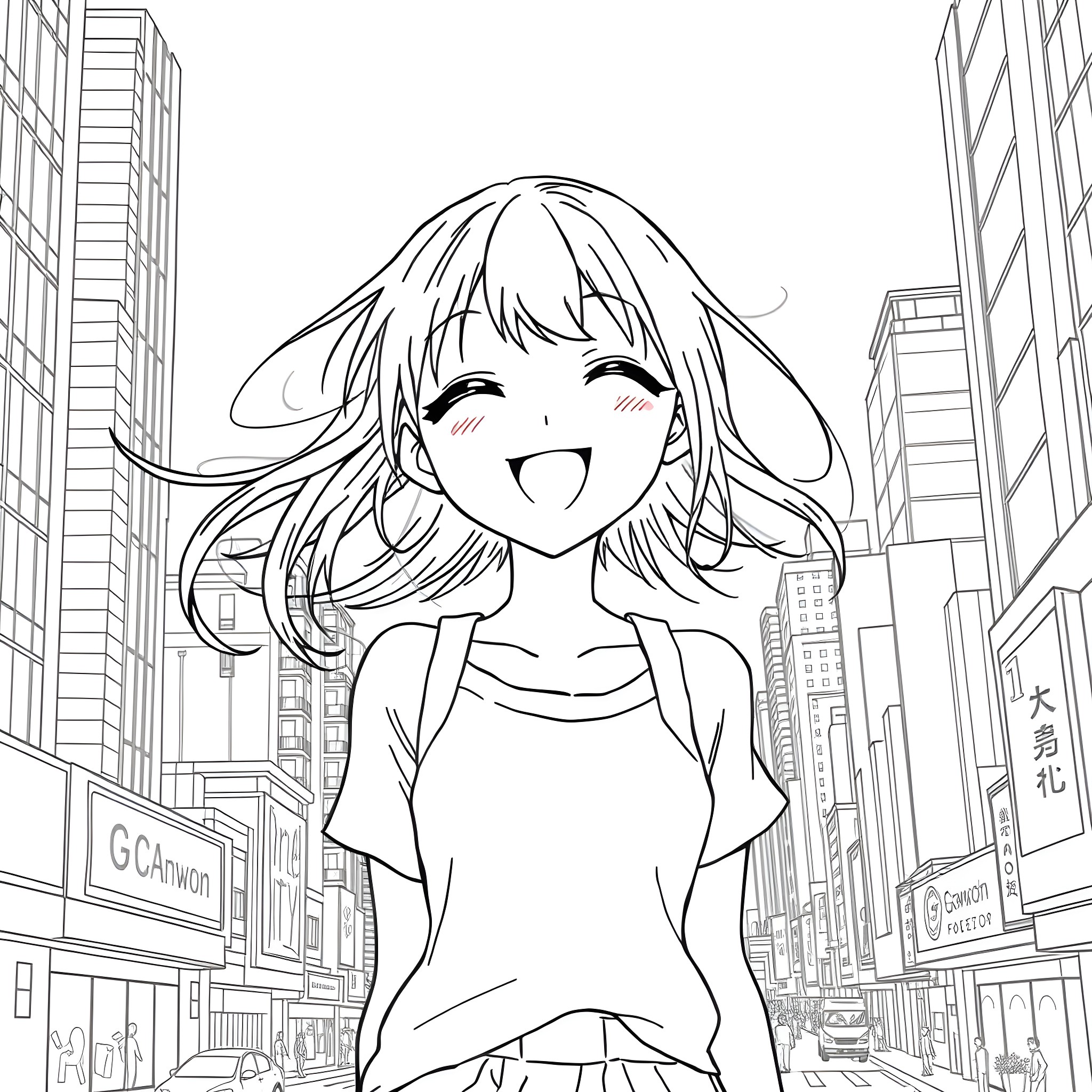 Anime Girl Joyfully Exploring the City Skyline Coloring Page (free black-and-white line drawing printable PDF for all, from beginners to advanced learners, including children, teens, adults, and seniors)