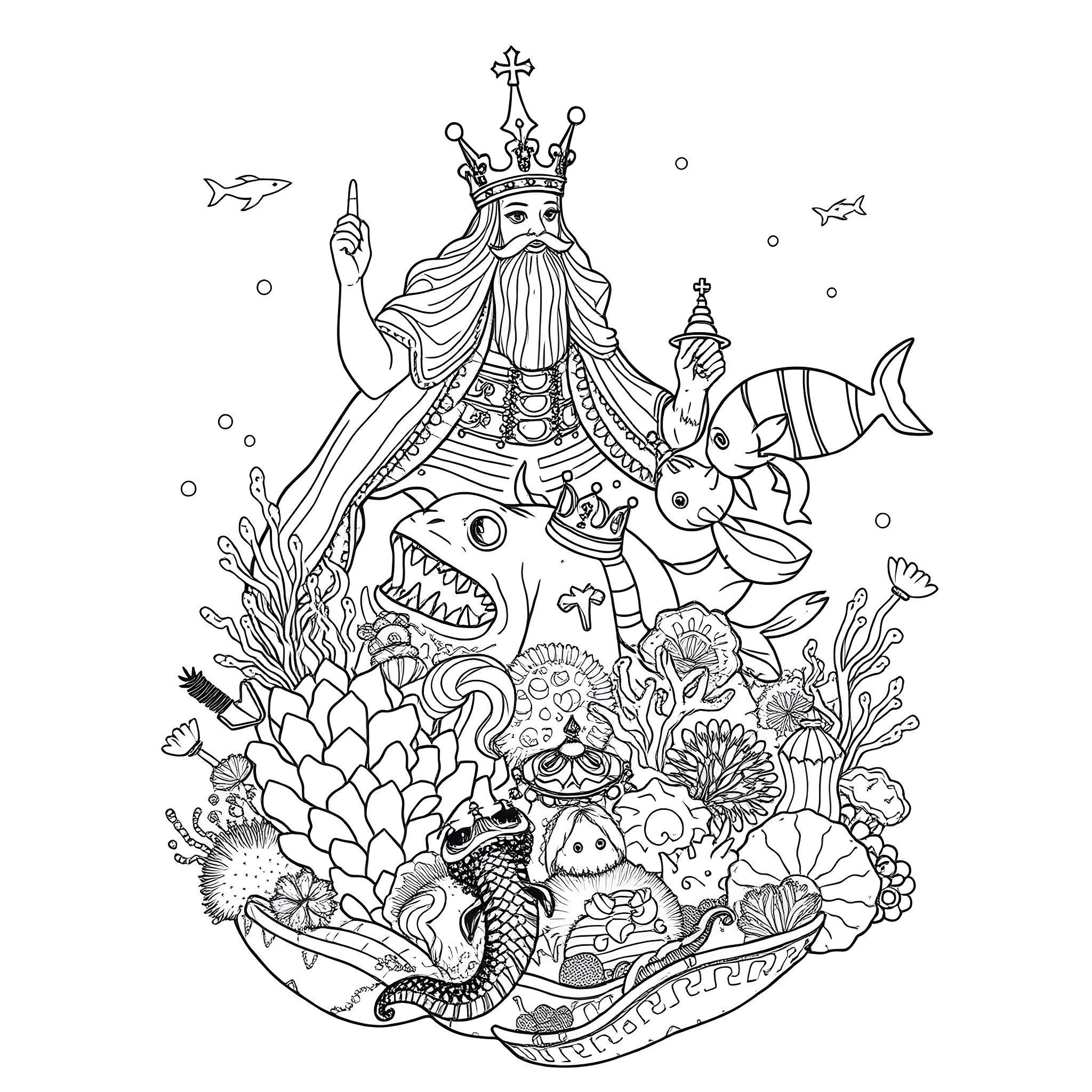King of the Underwater Realm Coloring Page (free black-and-white line drawing printable PDF for all, from beginners to advanced learners, including children, teens, adults, and seniors)