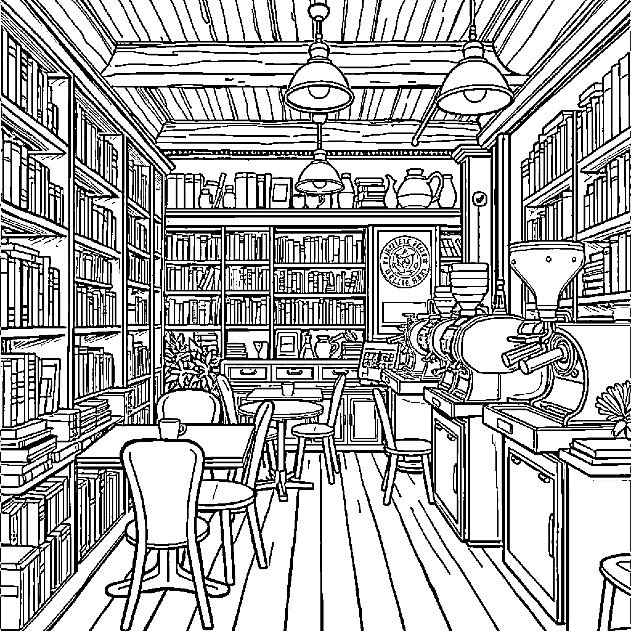 Cafe with Cozy Library and Vintage Decor Coloring Page (free black-and-white line drawing printable PDF for all, from beginners to advanced learners, including children, teens, adults, and seniors)