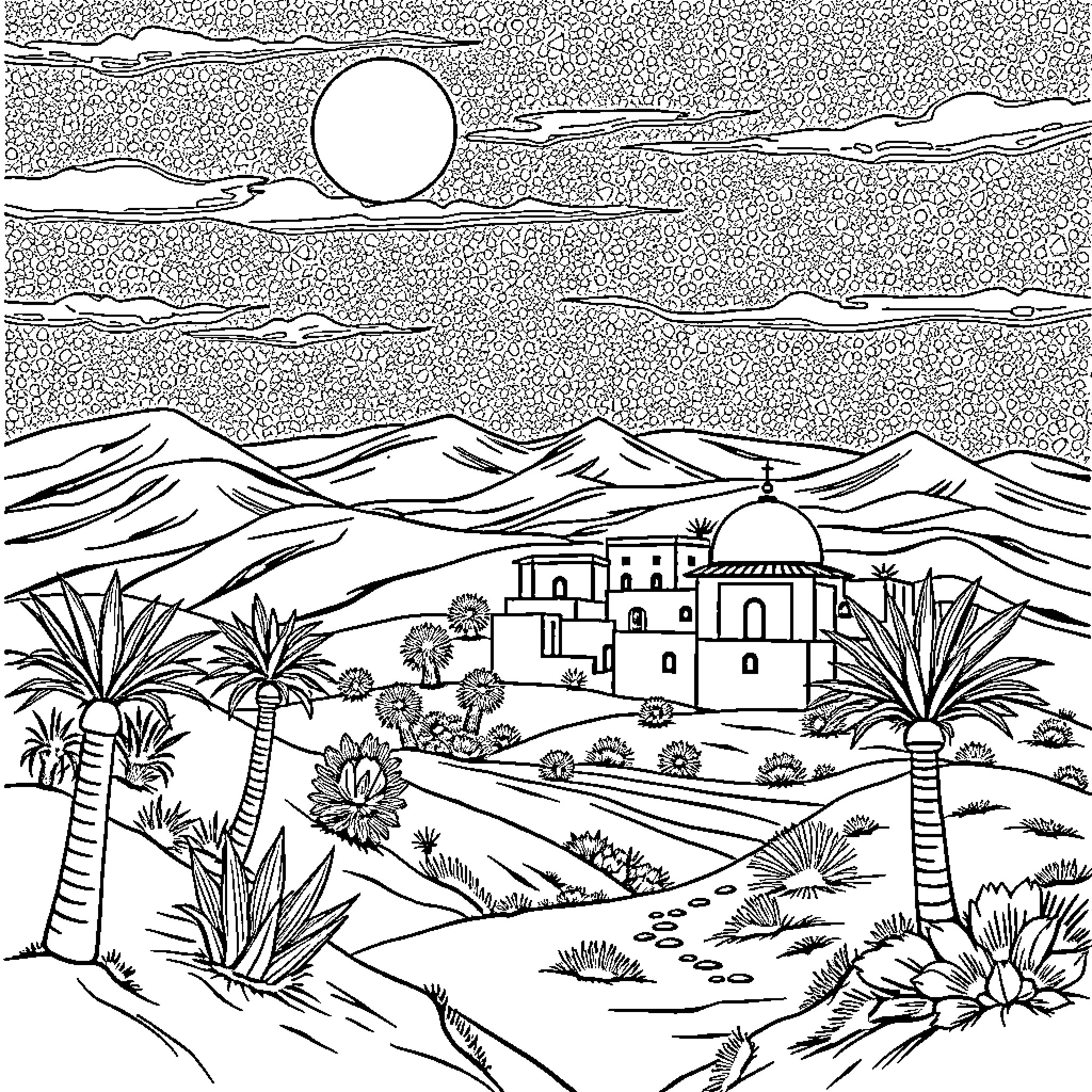 Algerie landscape with village and palm trees Coloring Page (free black-and-white line drawing printable PDF for all, from beginners to advanced learners, including children, teens, adults, and seniors)