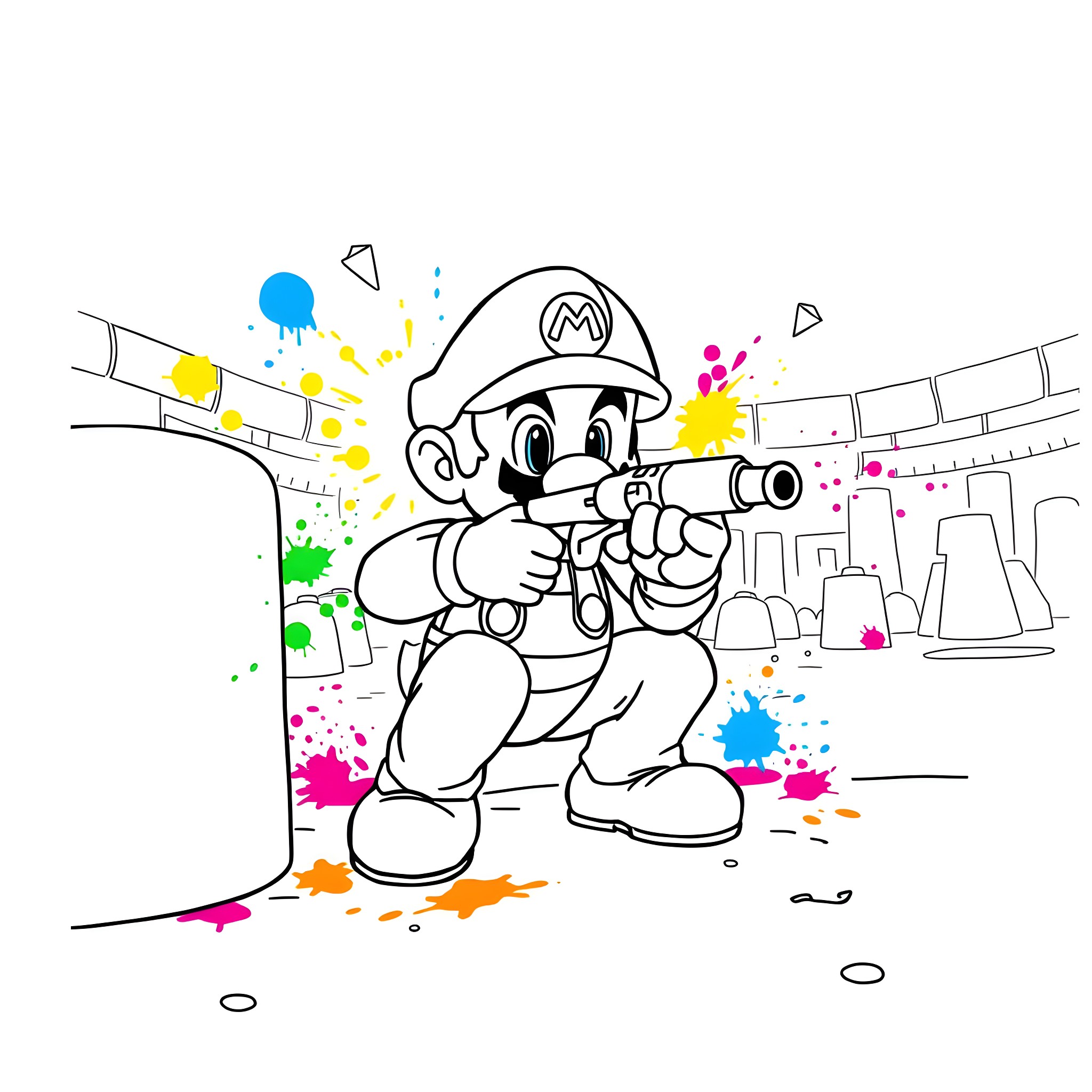 Mario celebrating with colorful paint splatters Coloring Page (free black-and-white line drawing printable PDF for all, from beginners to advanced learners, including children, teens, adults, and seniors)
