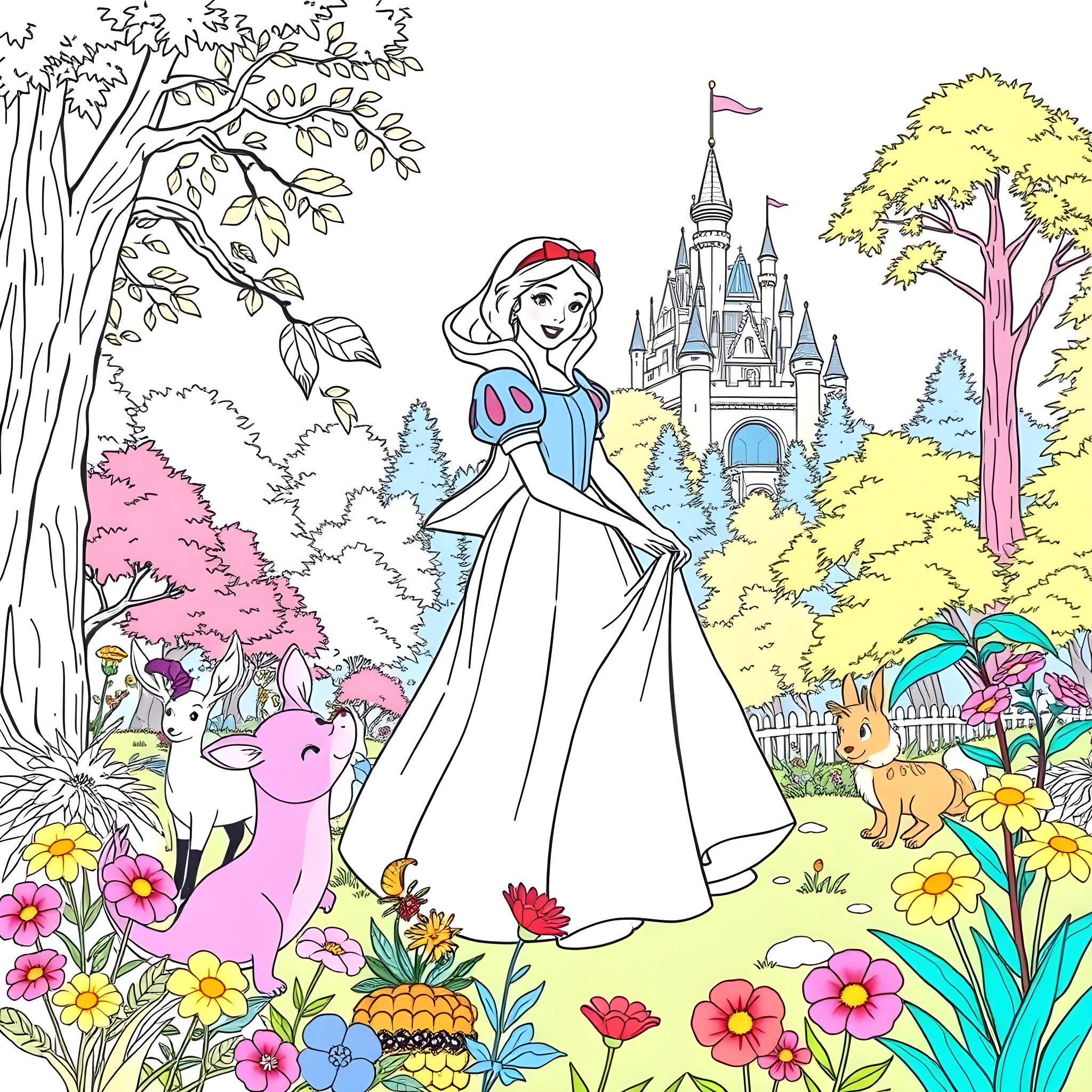 Snow White exploring the enchanted forest and castle Coloring Page (free black-and-white line drawing printable PDF for all, from beginners to advanced learners, including children, teens, adults, and seniors)