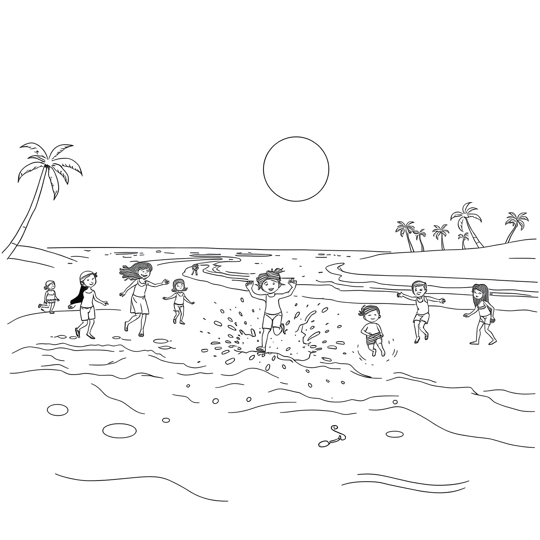 Girl splashing and playing at the beach Coloring Page (free black-and-white line drawing printable PDF for all, from beginners to advanced learners, including children, teens, adults, and seniors)