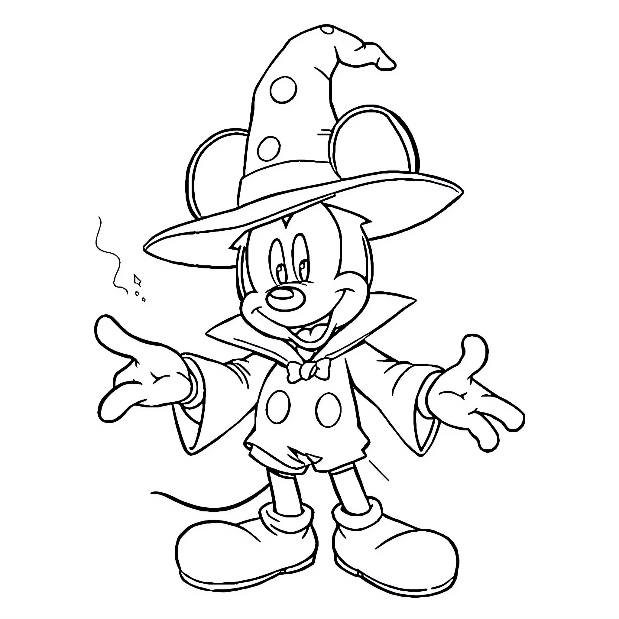 Mickey's Magical Costume Adventure Coloring Page (free black-and-white line drawing printable PDF for all, from beginners to advanced learners, including children, teens, adults, and seniors)