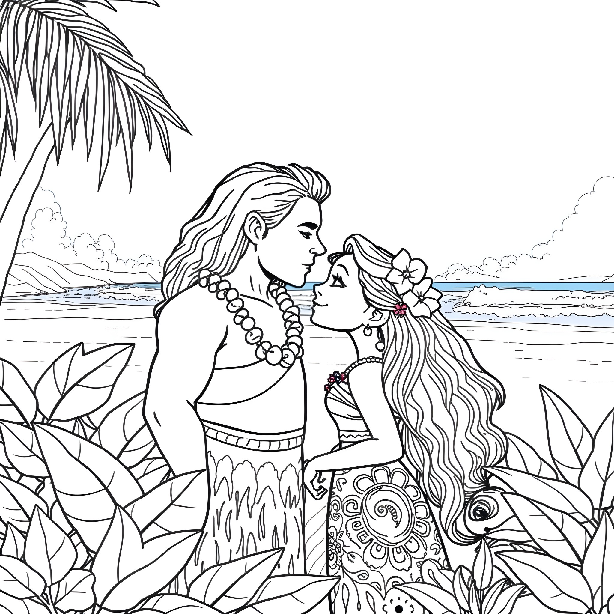 Moana and Pua enjoying the tropical scenery Coloring Page (free black-and-white line drawing printable PDF for all, from beginners to advanced learners, including children, teens, adults, and seniors)