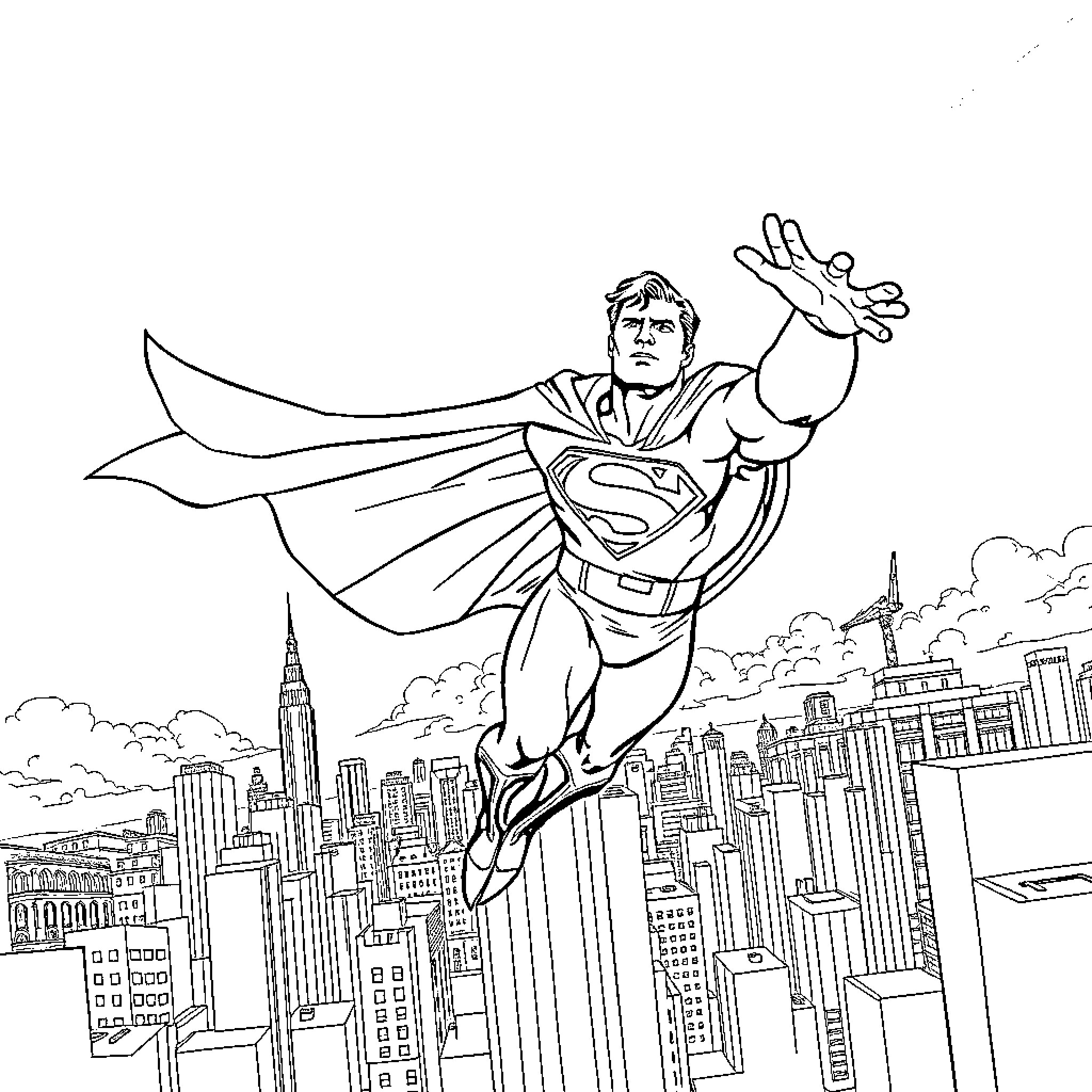 Superman soaring over the city with outstretched arms Coloring Page (free black-and-white line drawing printable PDF for all, from beginners to advanced learners, including children, teens, adults, and seniors)