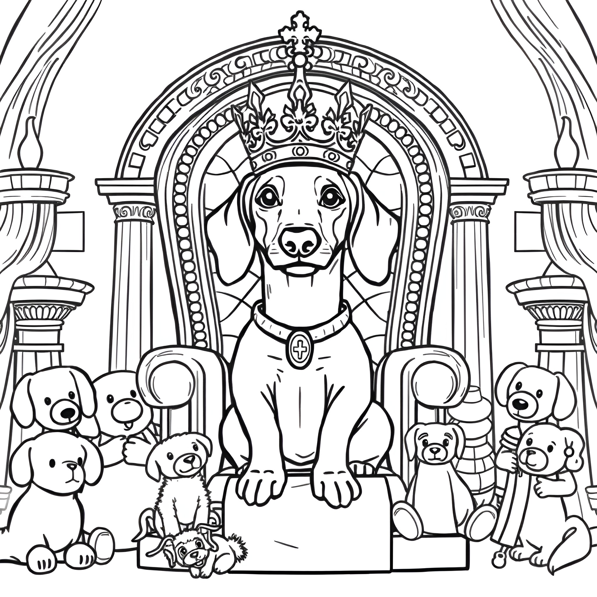 Dachshund ruling over a kingdom of stuffed animals Coloring Page (free black-and-white line drawing printable PDF for all, from beginners to advanced learners, including children, teens, adults, and seniors)
