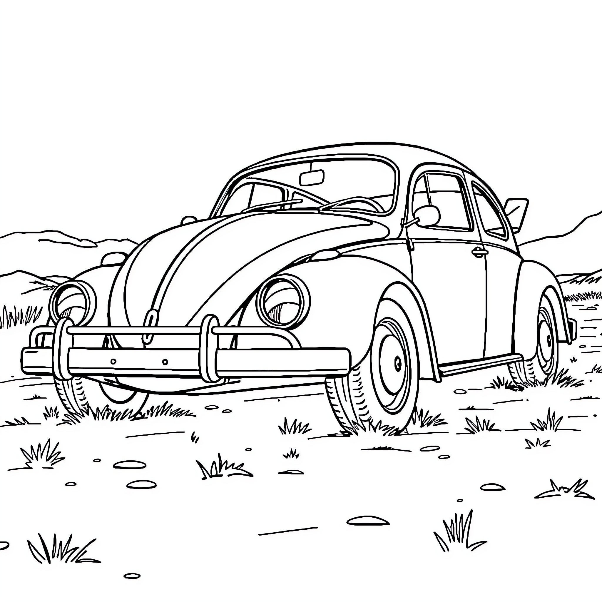 VW Beetle parked in a grassy field Coloring Page (free black-and-white line drawing printable PDF for all, from beginners to advanced learners, including children, teens, adults, and seniors)