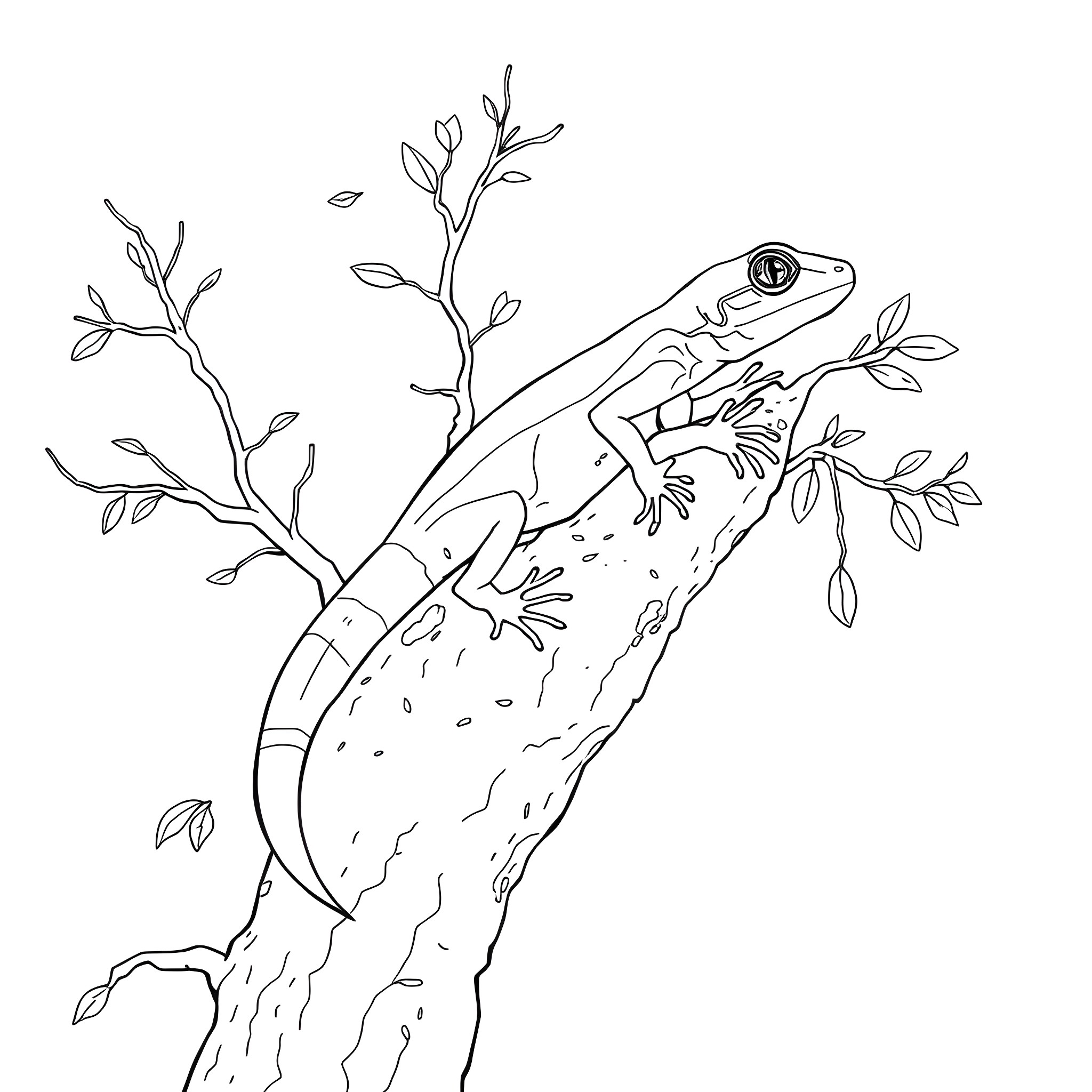 Skink climbing on a tree branch Coloring Page (free black-and-white line drawing printable PDF for all, from beginners to advanced learners, including children, teens, adults, and seniors)