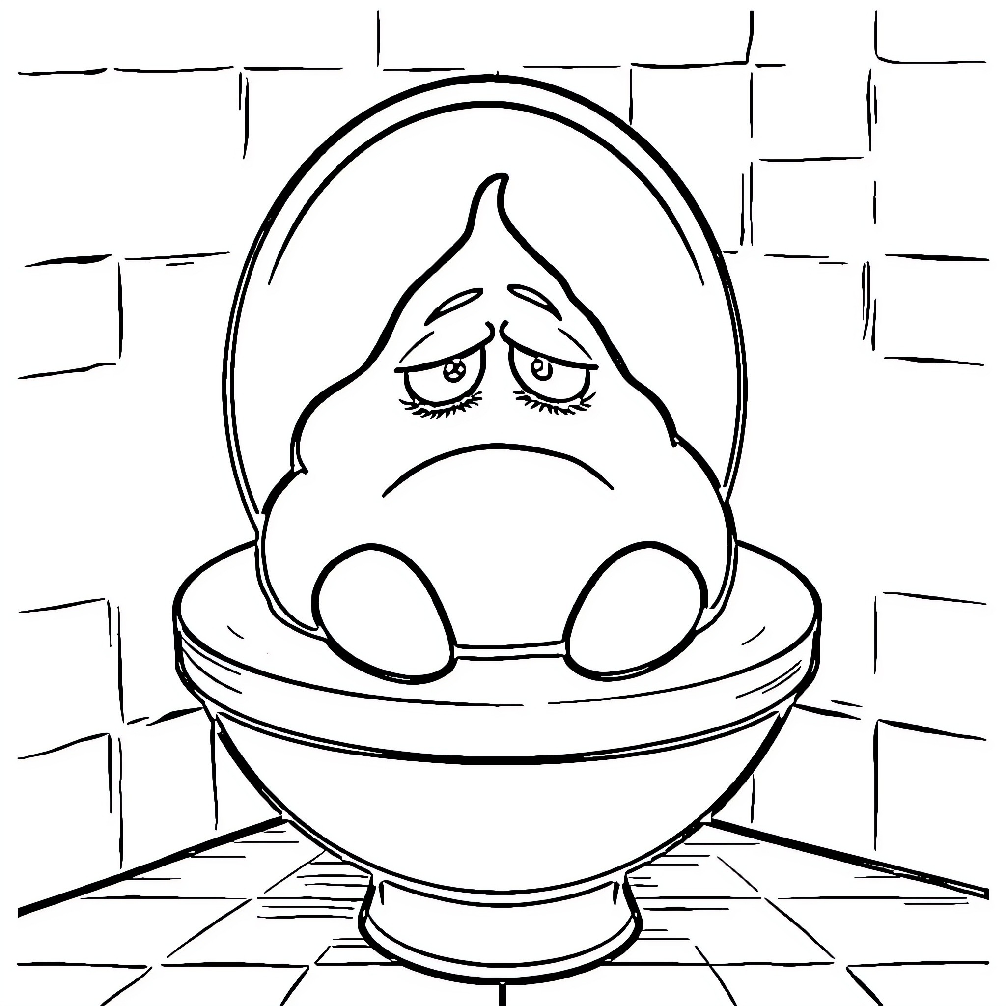 Turd sitting dejectedly in toilet bowl Coloring Page (free black-and-white line drawing printable PDF for all, from beginners to advanced learners, including children, teens, adults, and seniors)