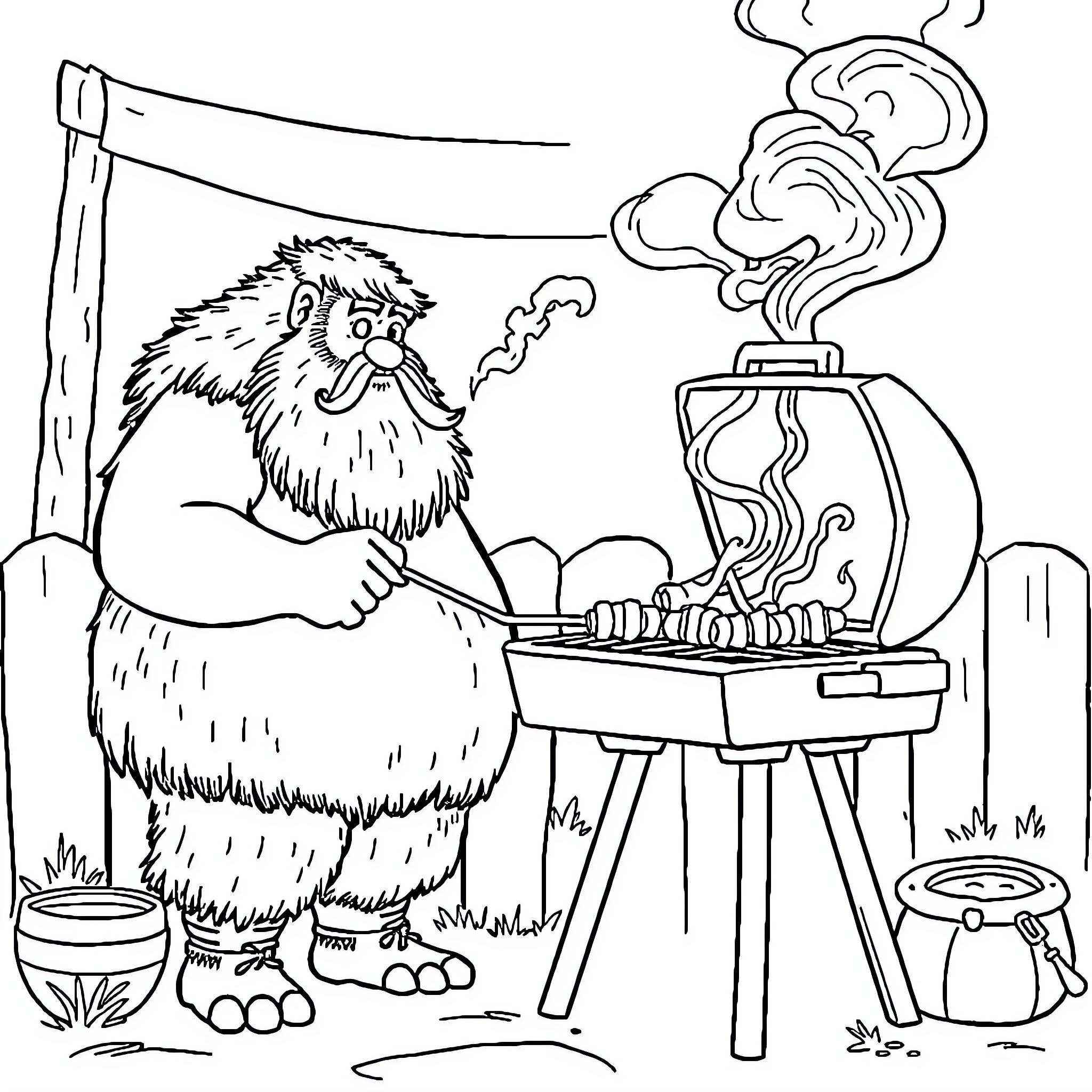 Hagrid cooking over a campfire in the woods Coloring Page (free black-and-white line drawing printable PDF for all, from beginners to advanced learners, including children, teens, adults, and seniors)