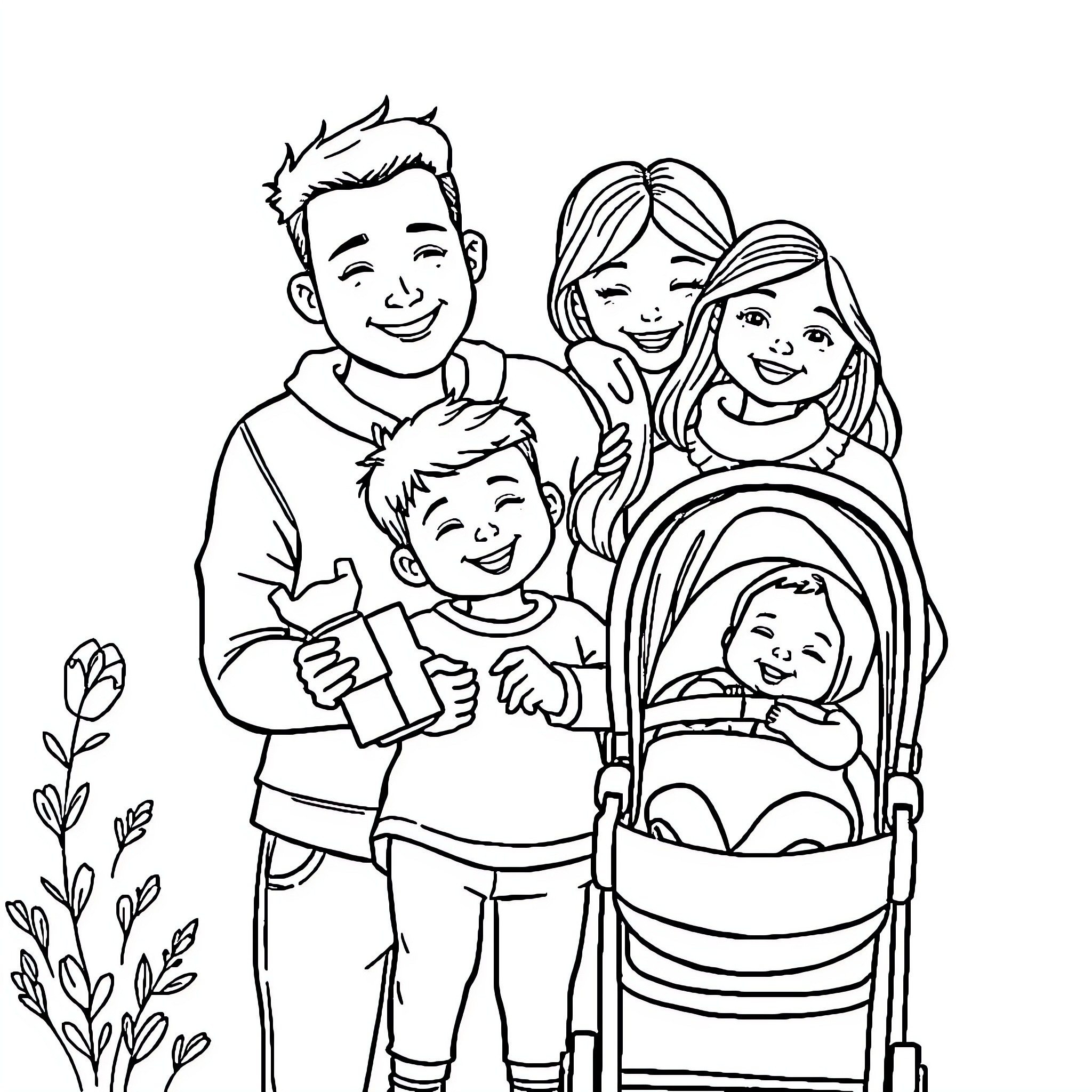 Family Enjoying Time Together Outdoors Coloring Page (free black-and-white line drawing printable PDF for all, from beginners to advanced learners, including children, teens, adults, and seniors)