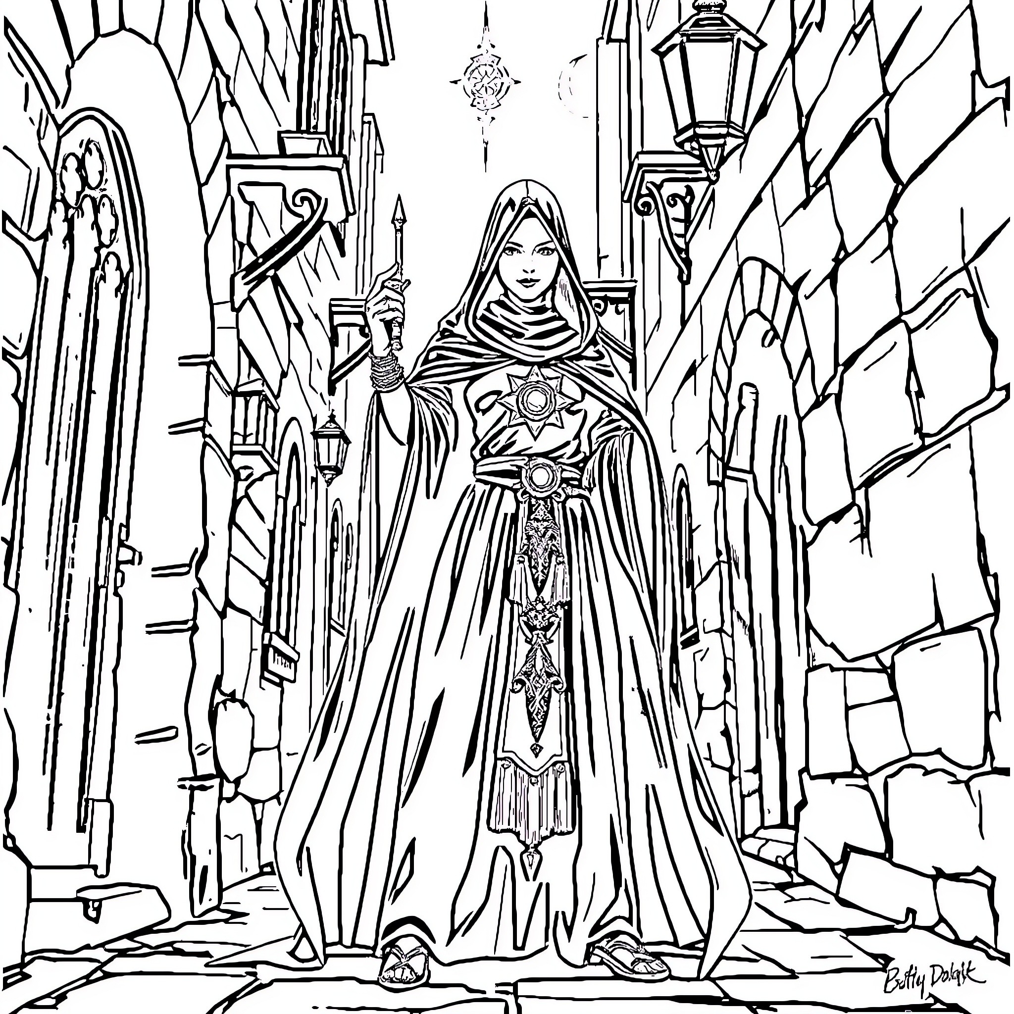 Shadowheart: Mysterious Cloaked Figure in Enchanted Ruins Coloring Page (free black-and-white line drawing printable PDF for all, from beginners to advanced learners, including children, teens, adults, and seniors)