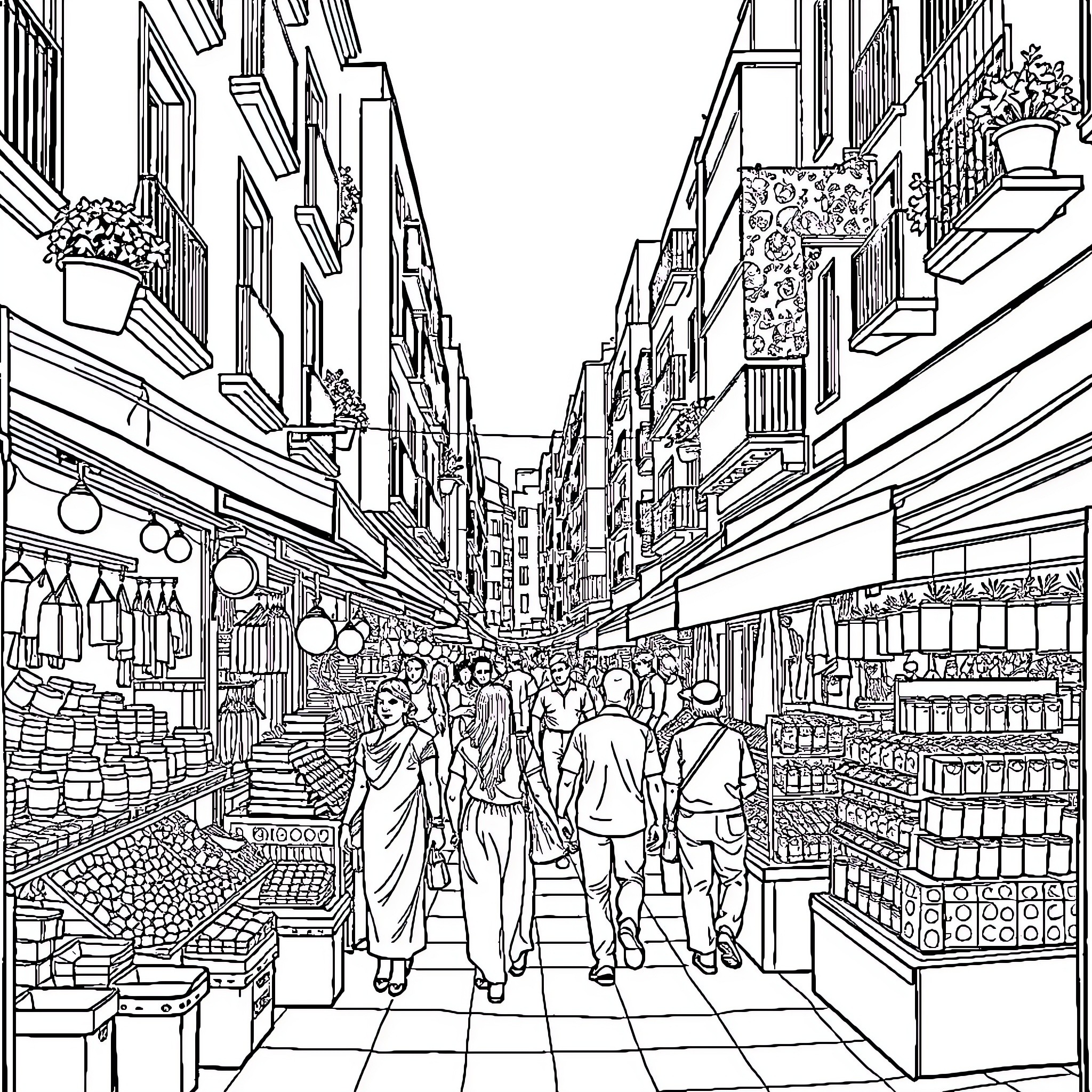 Stitch a Bustling Marketplace Scene Coloring Page (free black-and-white line drawing printable PDF for all, from beginners to advanced learners, including children, teens, adults, and seniors)