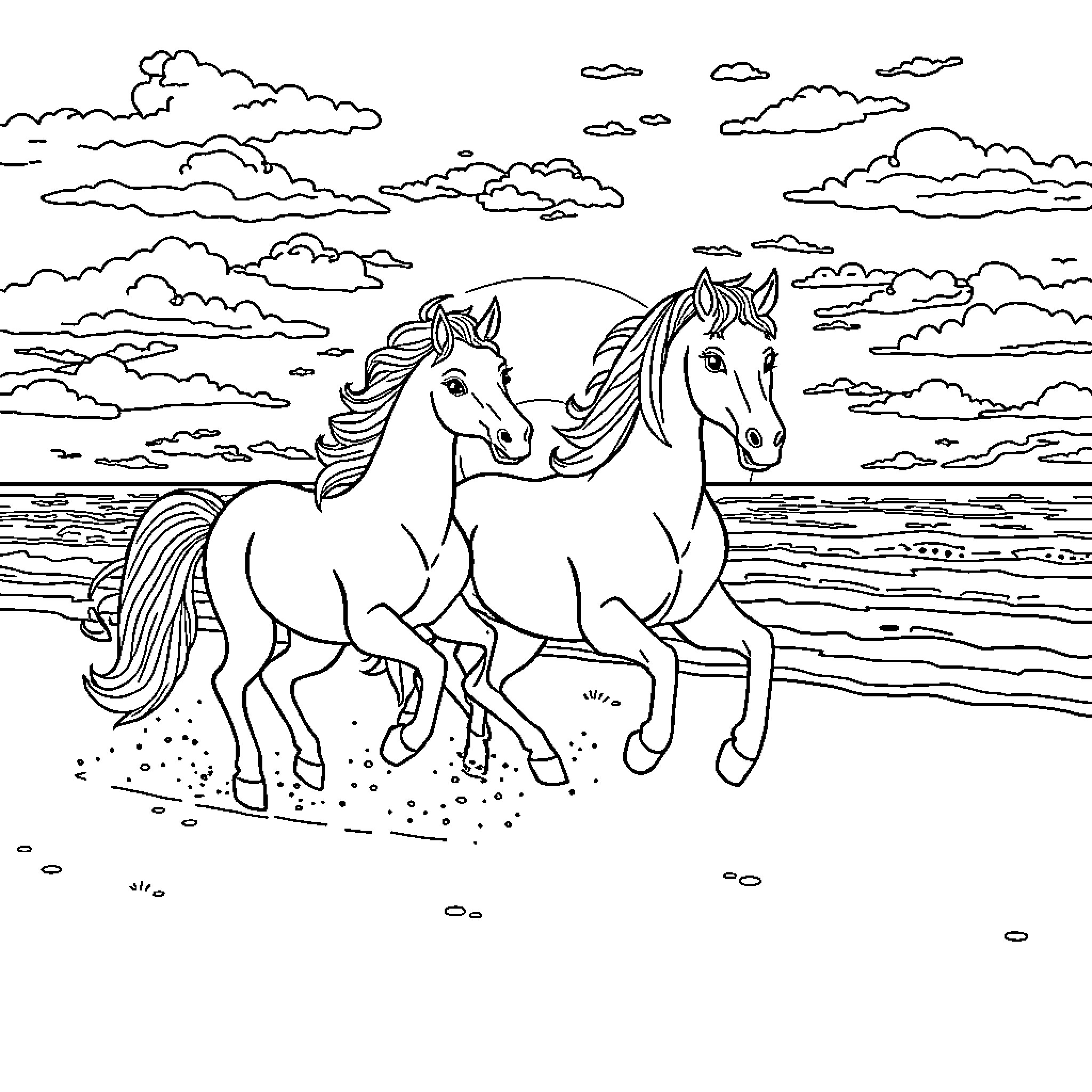 Unicorn Pair Galloping along the Beach Coloring Page (free black-and-white line drawing printable PDF for all, from beginners to advanced learners, including children, teens, adults, and seniors)