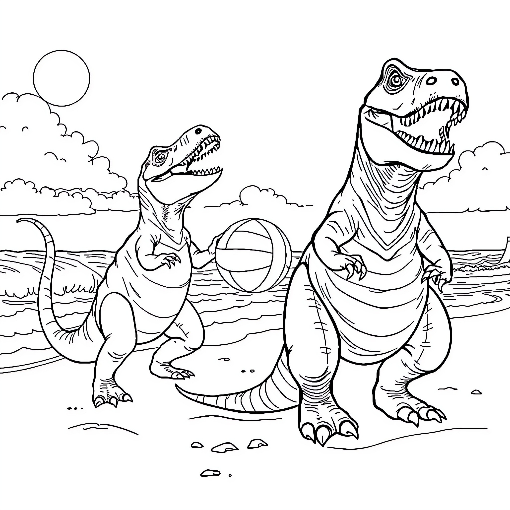 T-Rex dinosaurs playing with ball on beach Coloring Page (free black-and-white line drawing printable PDF for all, from beginners to advanced learners, including children, teens, adults, and seniors)