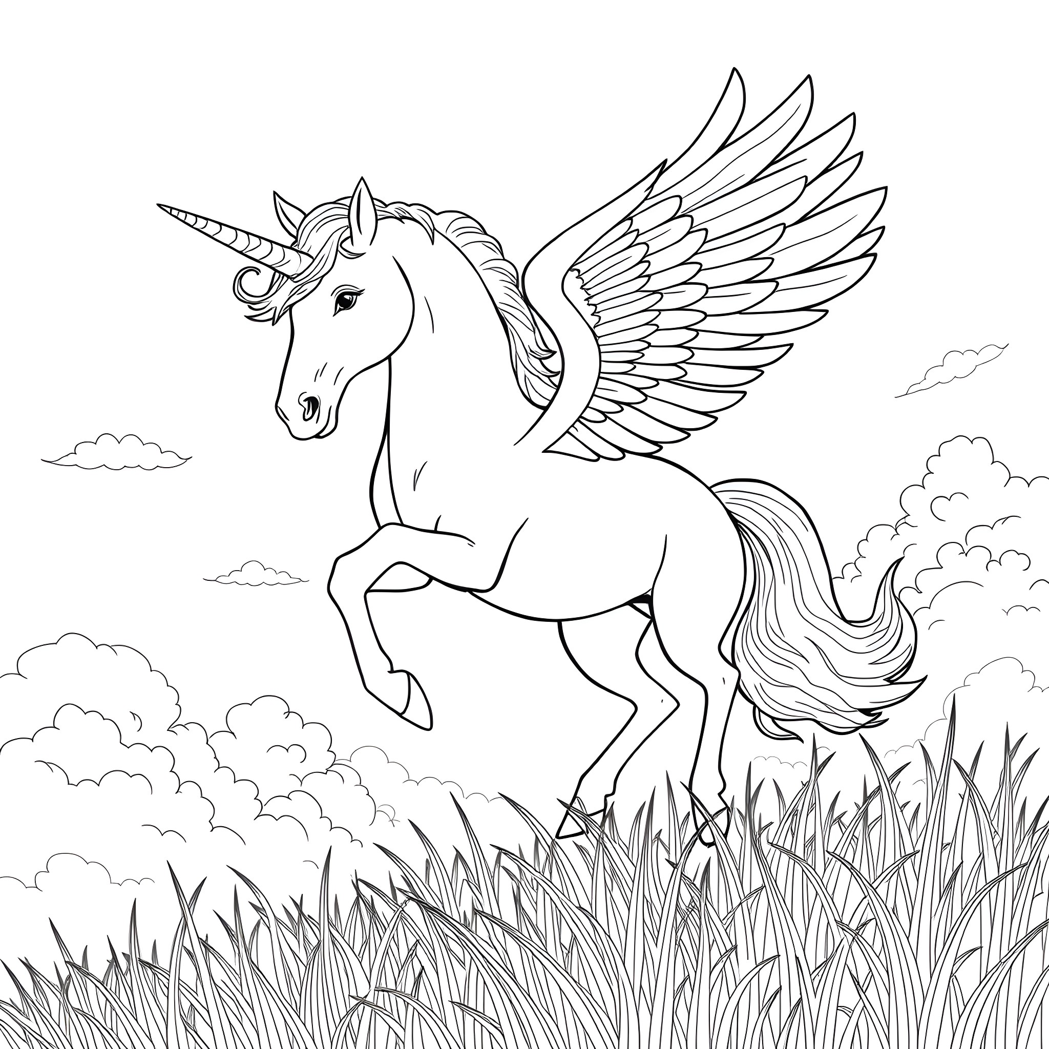 Unicorn soaring gracefully through the clouds Coloring Page (free black-and-white line drawing printable PDF for all, from beginners to advanced learners, including children, teens, adults, and seniors)